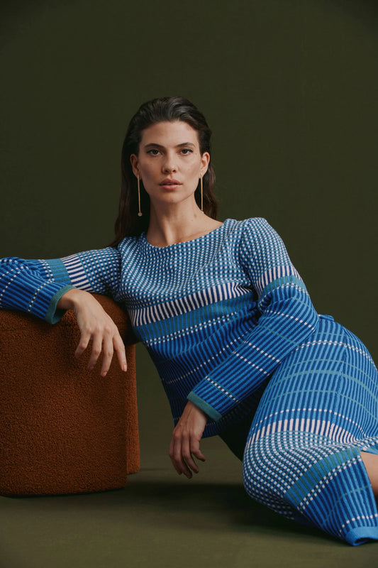 Elk Cila organic cotton knit sweater in blue multi stripe and check.