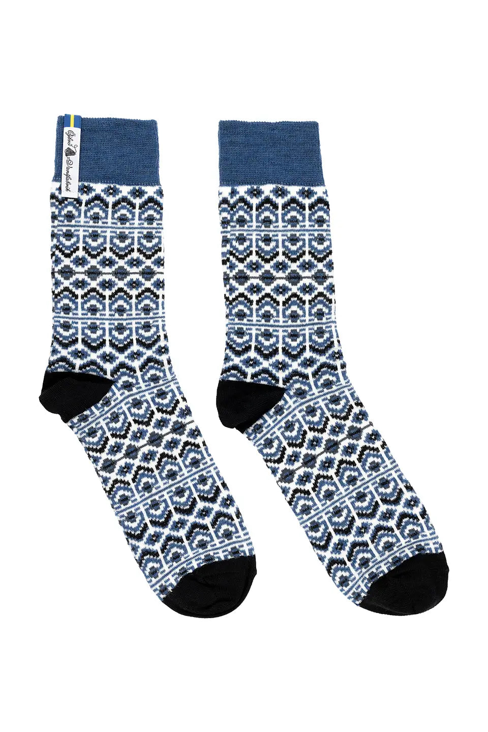 Ojbro Vantfabrik Nordic design made in Sweden merino wool socks Dalarna Kurbits in blue.