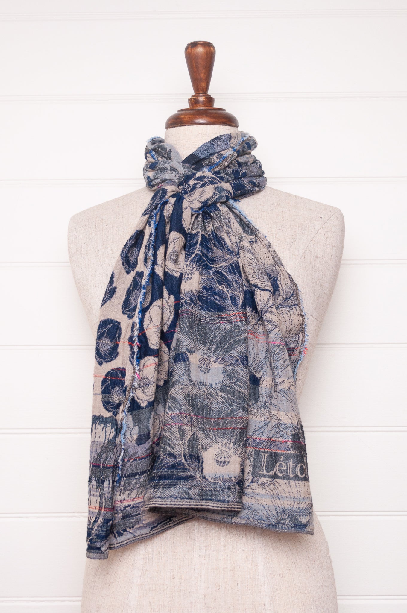 Letol organic cotton jacquard floral scarf Stephanie in navy blue.