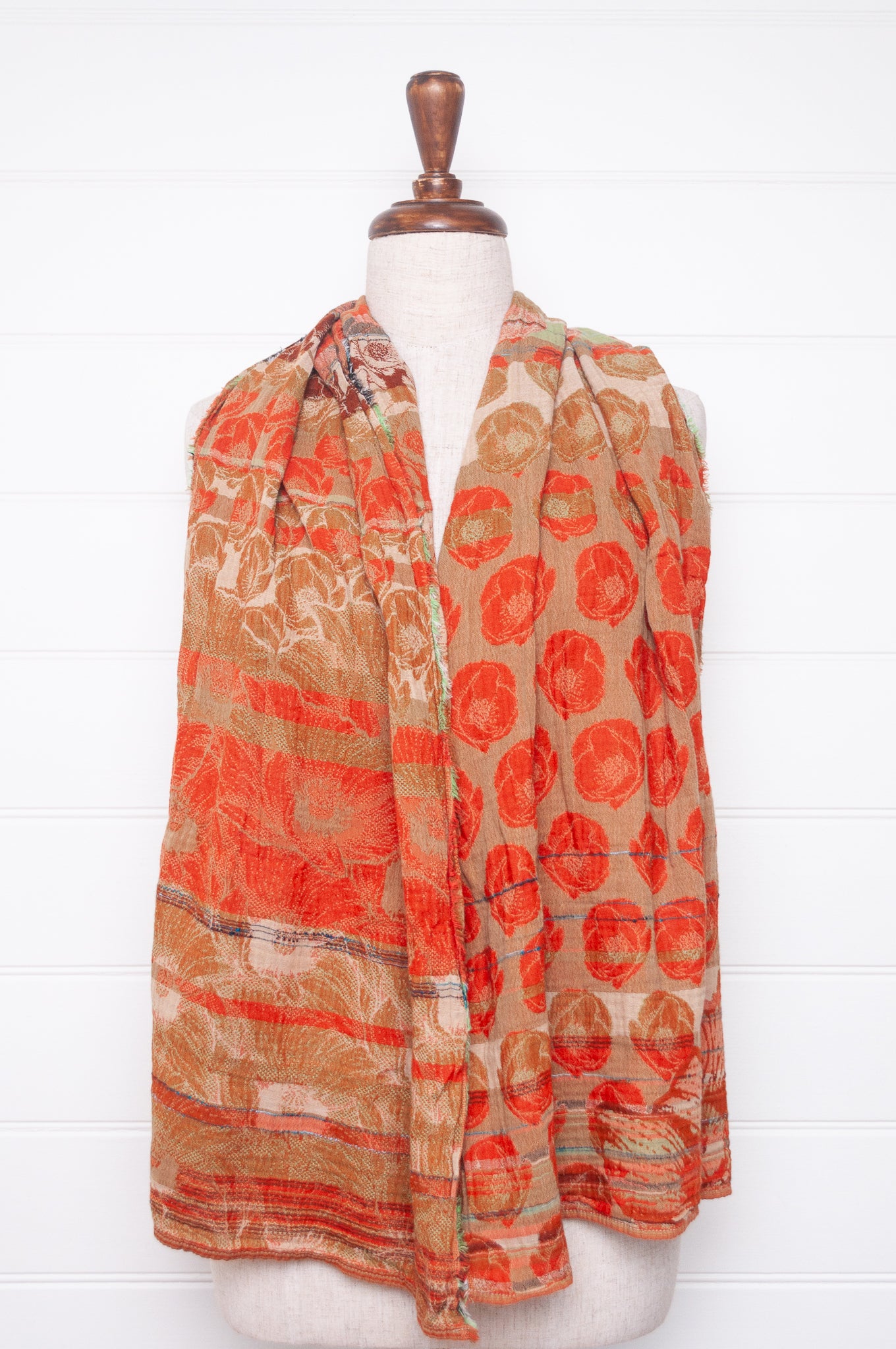 Letol organic cotton jacquard floral scarf Stephanie in Carrot cake orange and taupe.