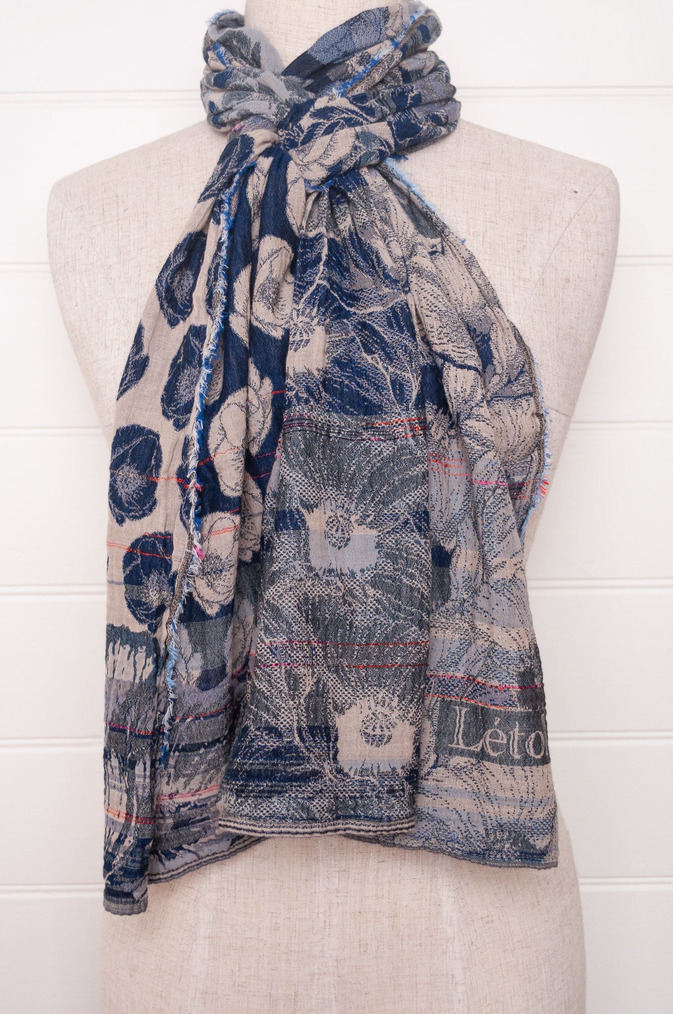 Letol organic cotton jacquard floral scarf Stephanie in navy blue.