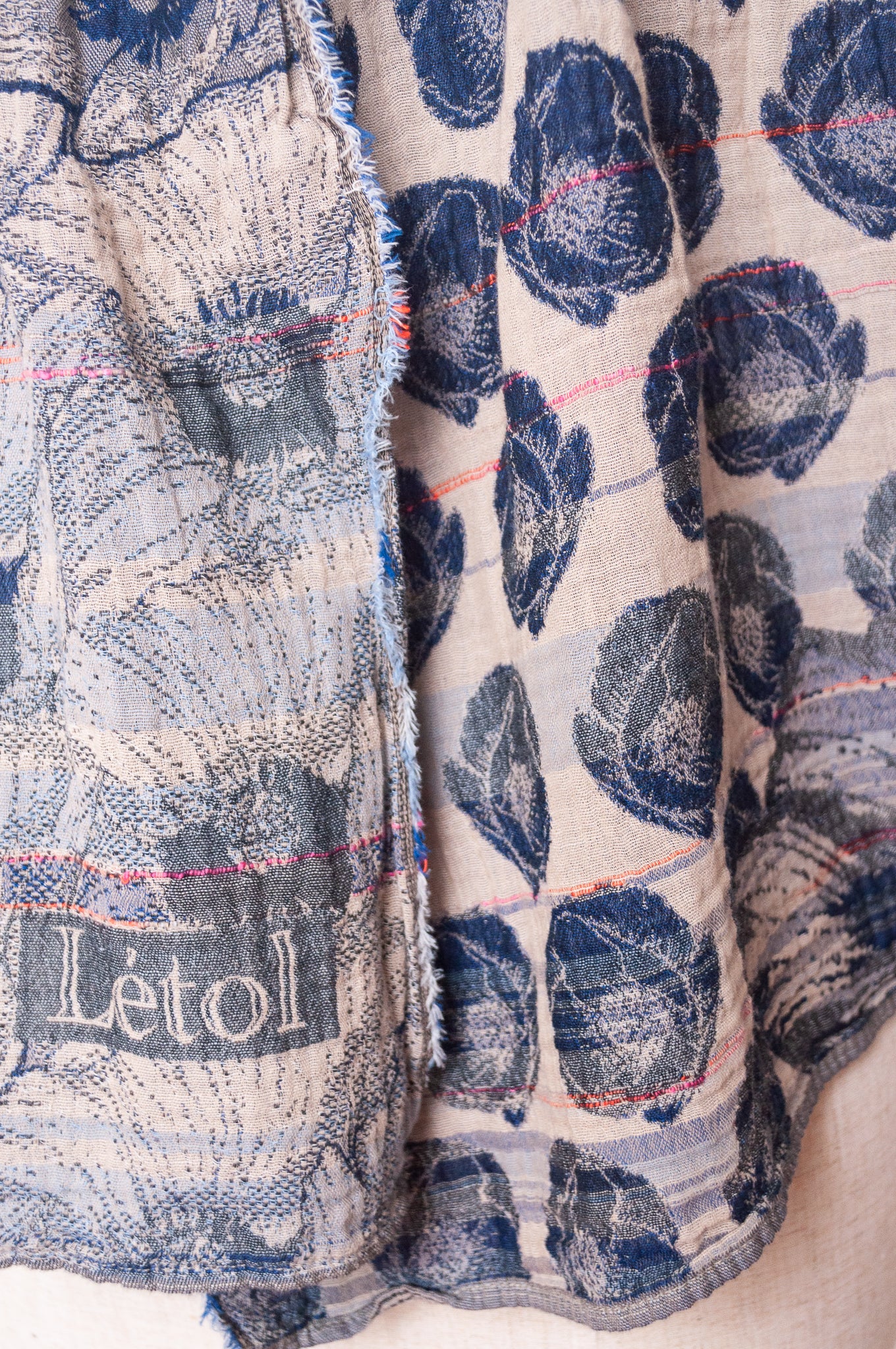 Letol organic cotton jacquard floral scarf Stephanie in navy blue.