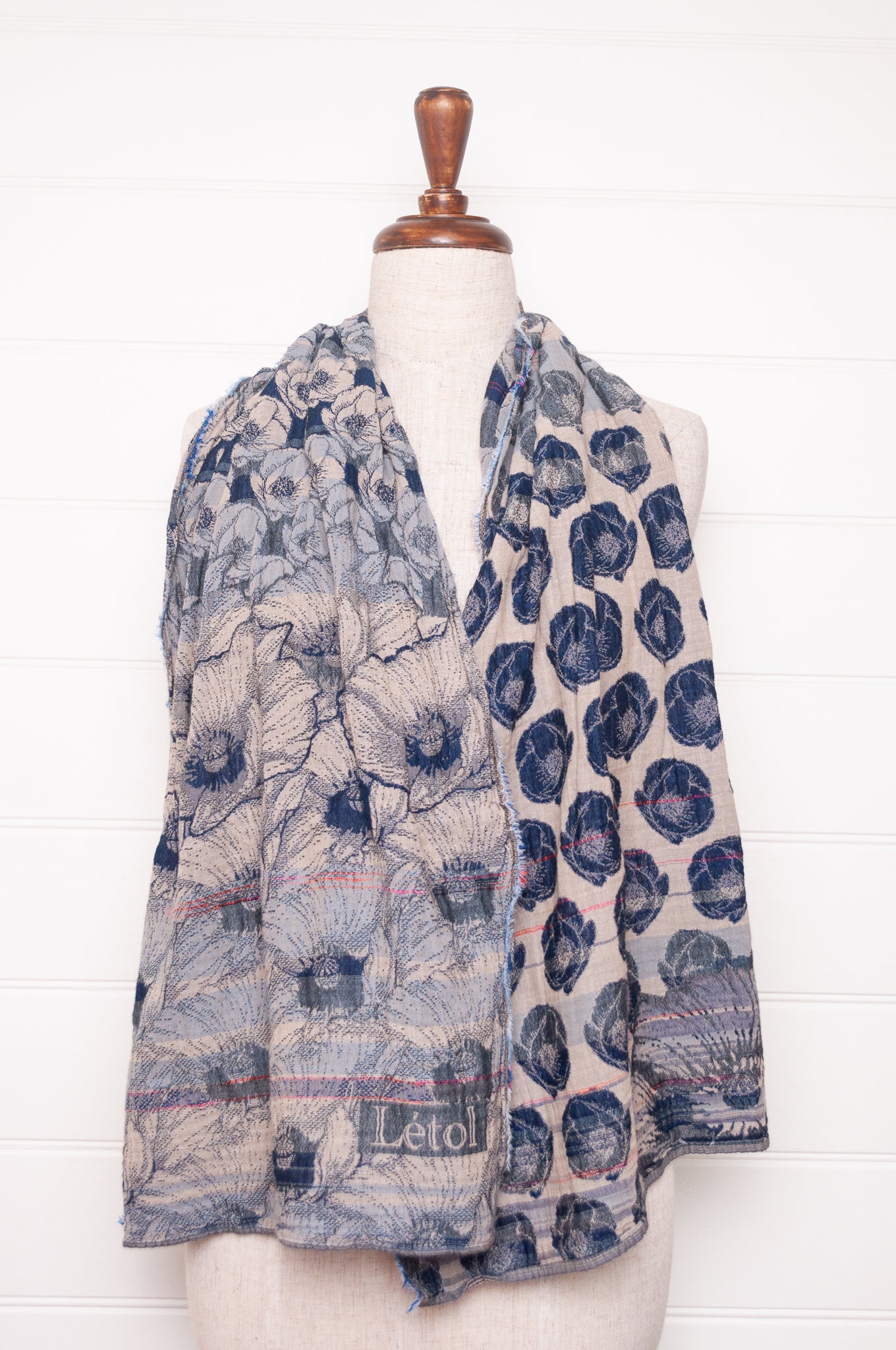 Letol organic cotton jacquard floral scarf Stephanie in navy blue.