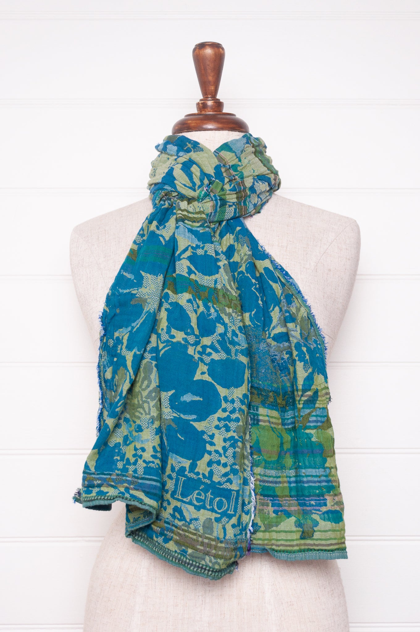Letol organic cotton floral jacquard scarf Emilienne floral design in lagune, deep turquoise and lime green.