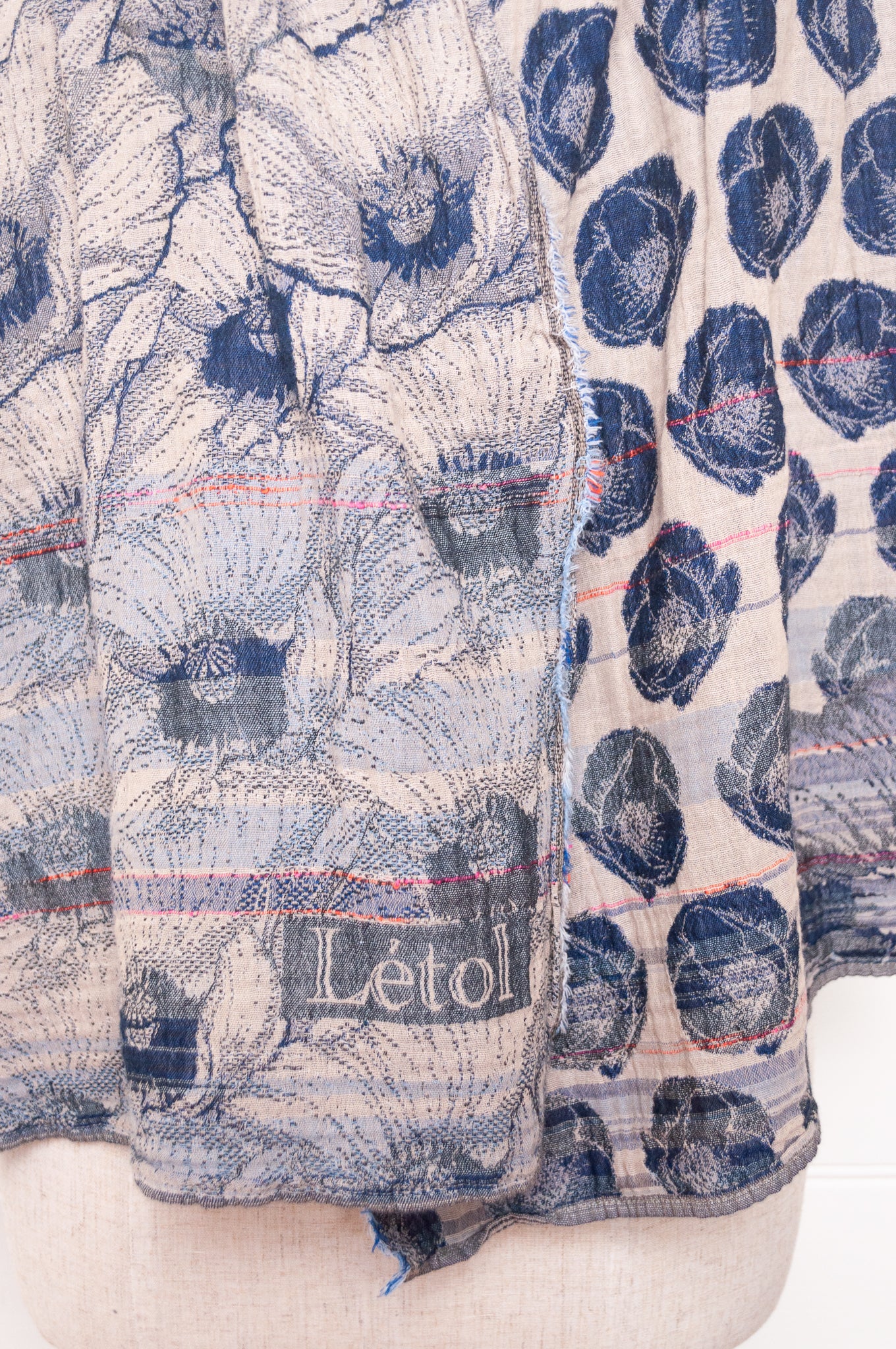 Letol organic cotton jacquard floral scarf Stephanie in navy blue.