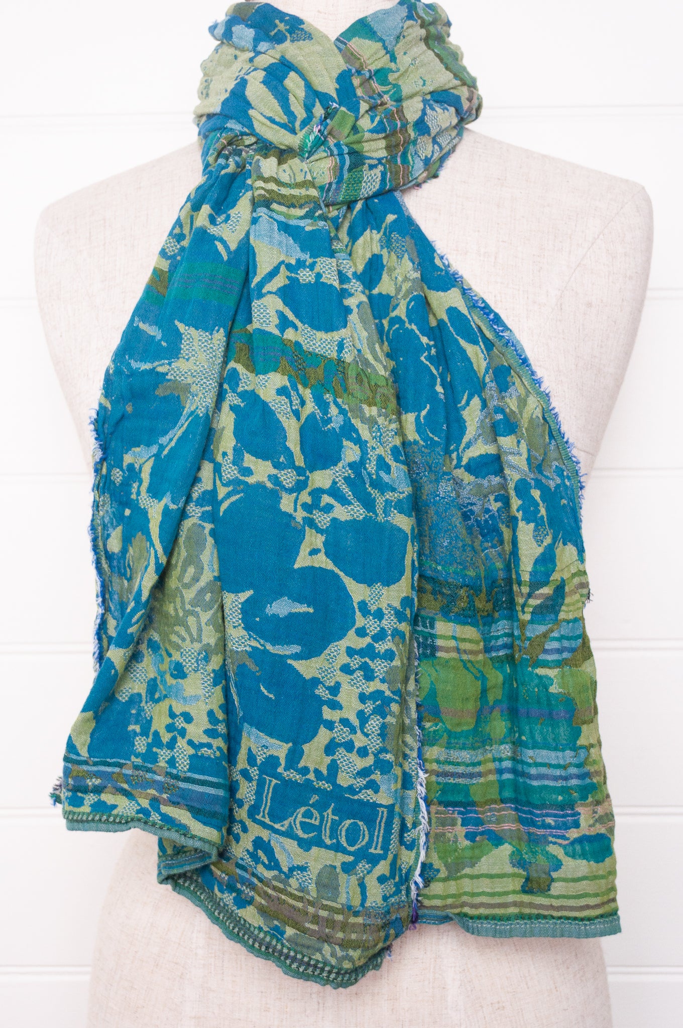 Letol organic cotton floral jacquard scarf Emilienne floral design in lagune, deep turquoise and lime green.