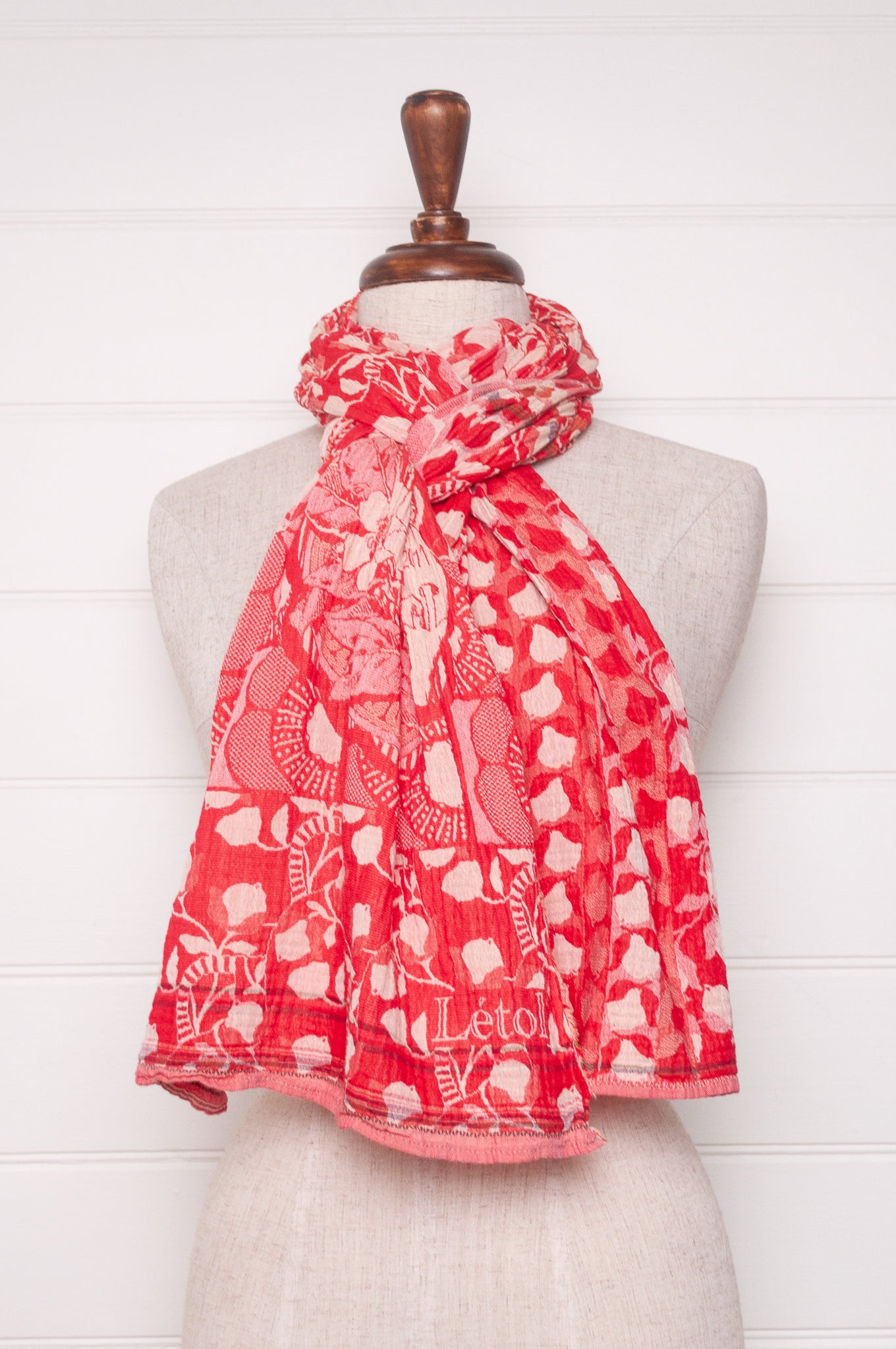 Letol organic cotton jacquard weave scarf Lino flowers and geometrics in cerise cherry red.
