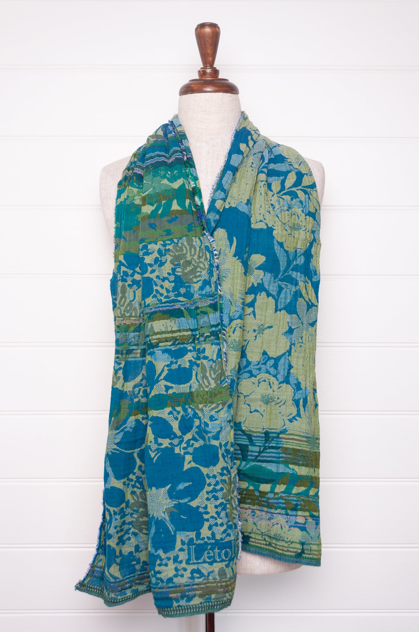 Letol organic cotton floral jacquard scarf Emilienne floral design in lagune, deep turquoise and lime green.