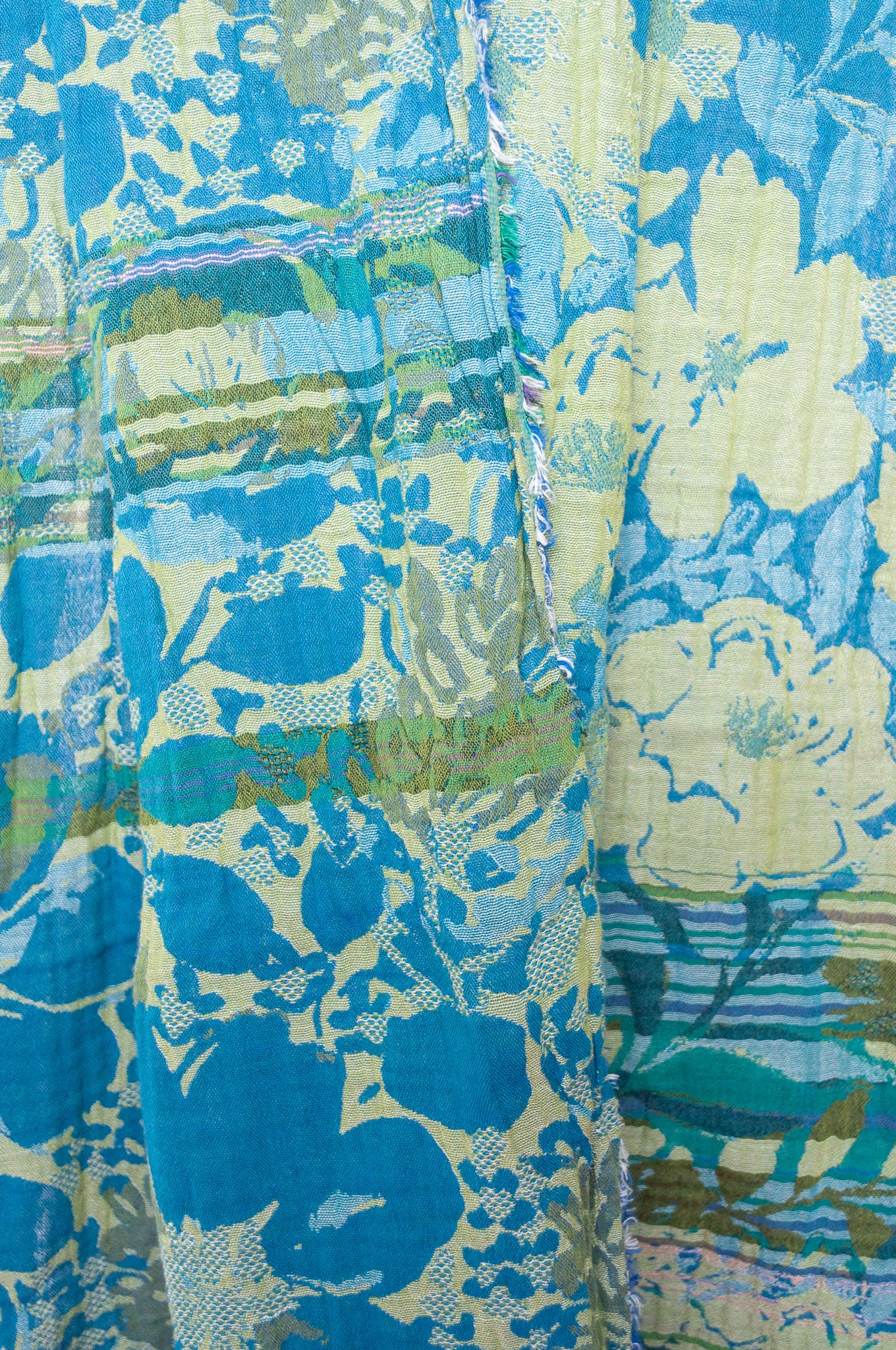 Letol organic cotton floral jacquard scarf Emilienne floral design in lagune, deep turquoise and lime green.