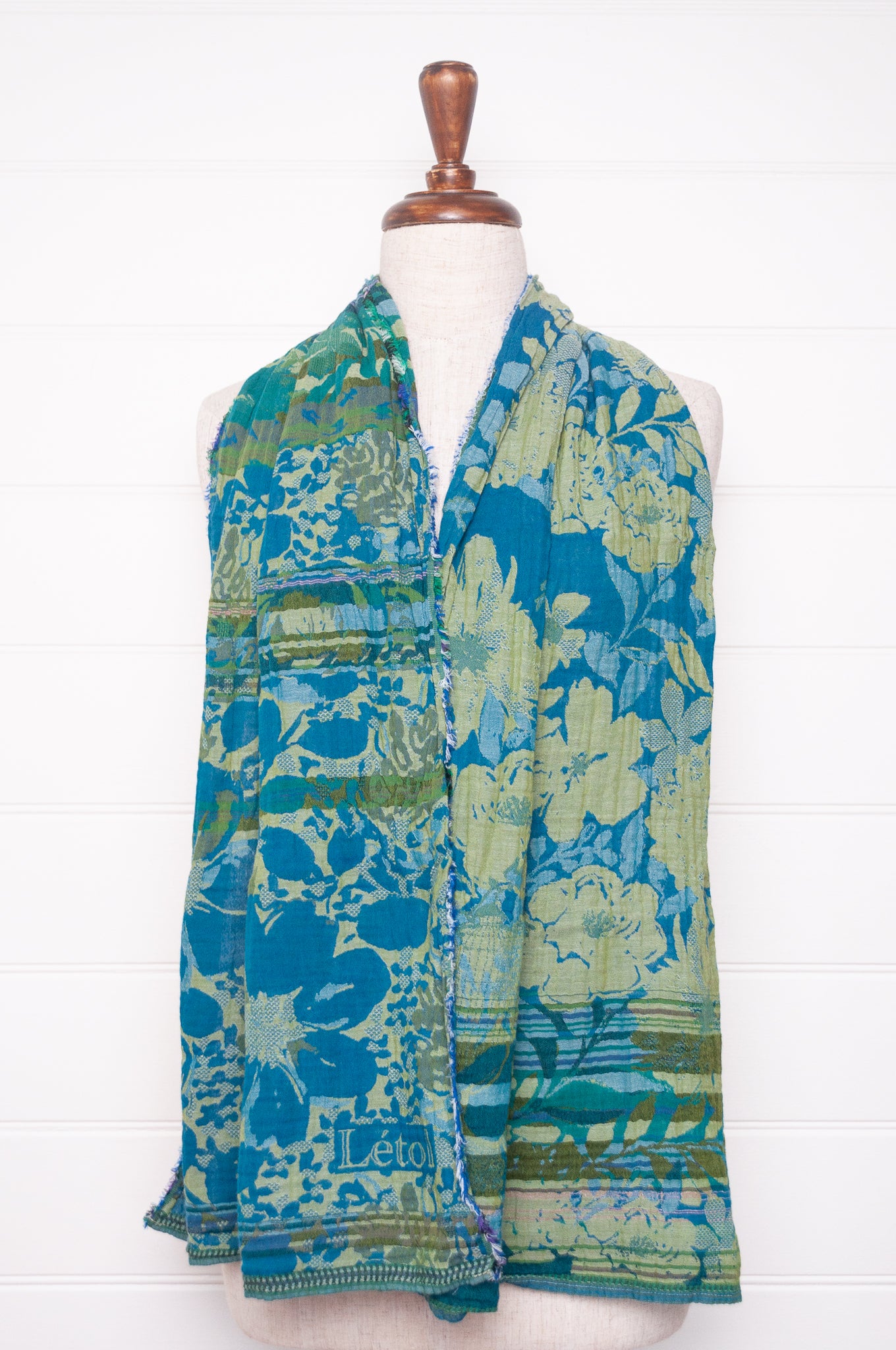 Letol organic cotton floral jacquard scarf Emilienne floral design in lagune, deep turquoise and lime green.