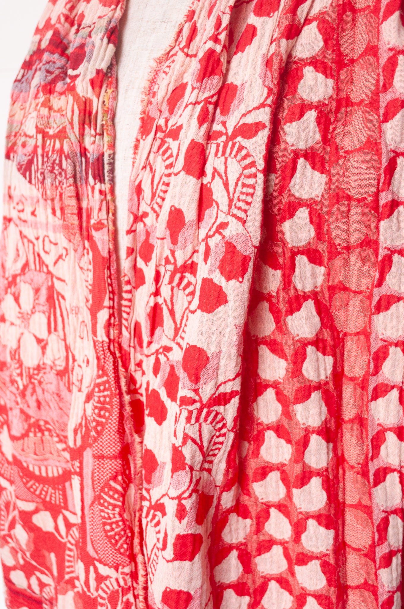 Letol organic cotton jacquard weave scarf Lino flowers and geometrics in cerise cherry red.