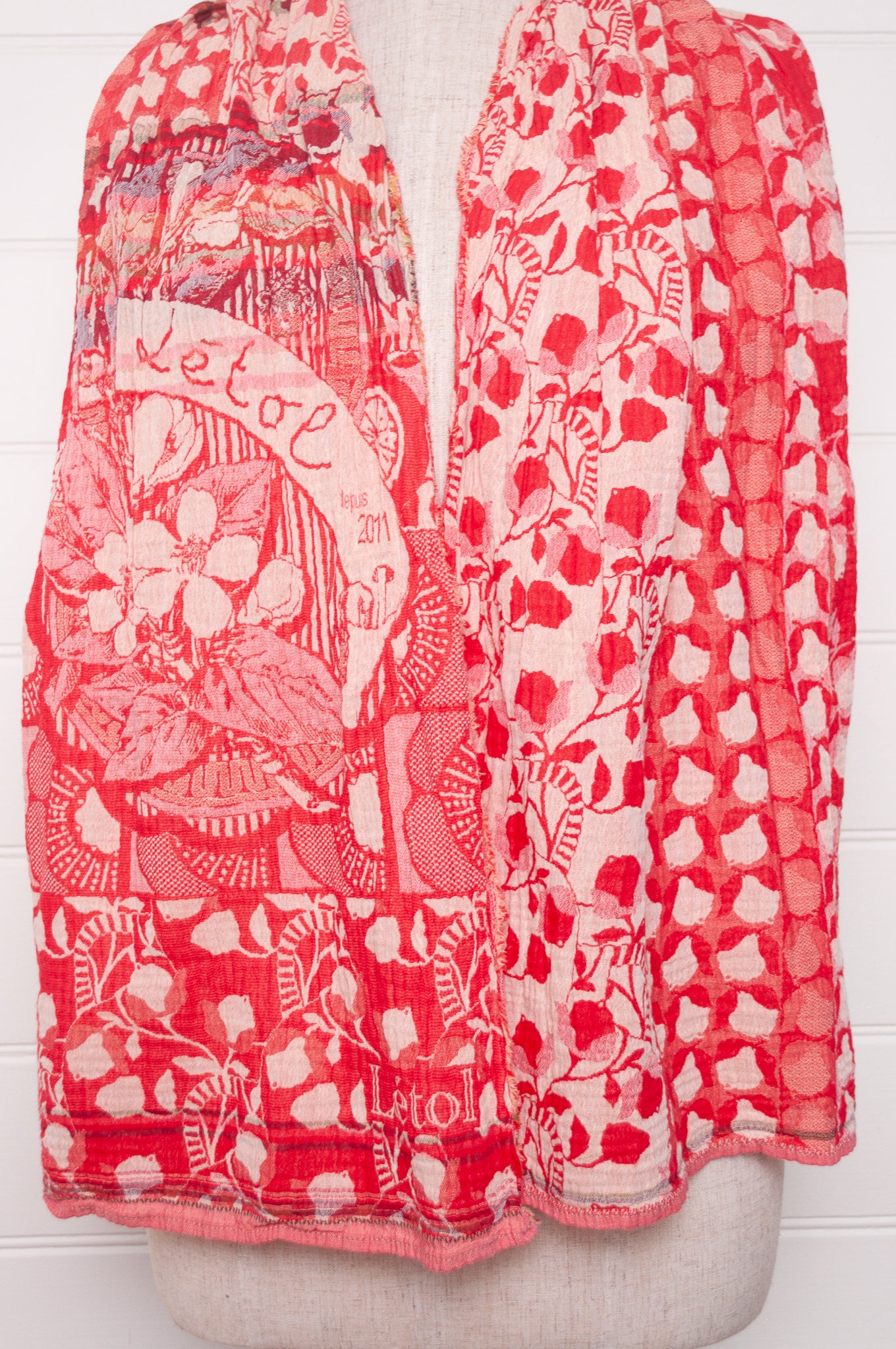 Letol organic cotton jacquard weave scarf Lino flowers and geometrics in cerise cherry red.