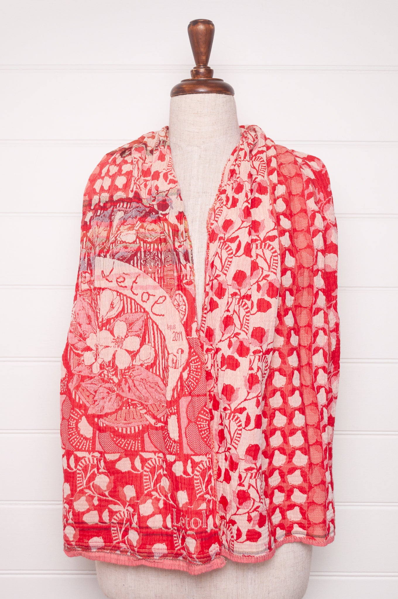 Letol organic cotton jacquard weave scarf Lino flowers and geometrics in cerise cherry red.