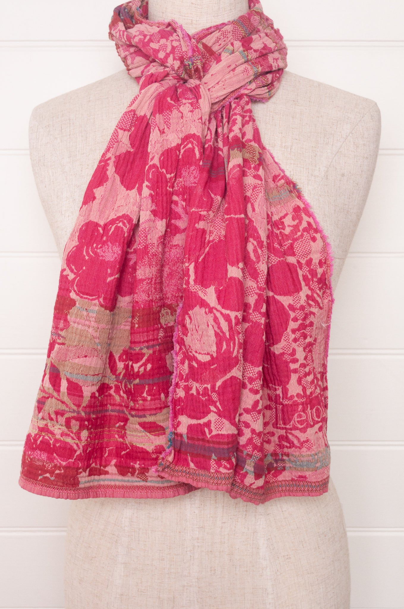 Letol organic cotton floral jacquard scarf Emilienne floral design in rose, shades of pink.