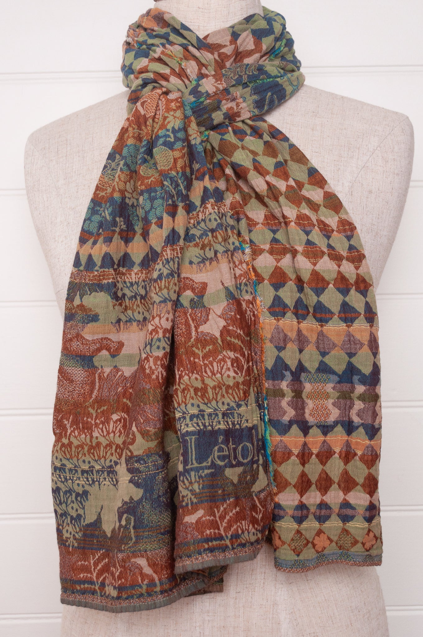 Letol organic cotton jacquard weave scarf Felicien Indian inspired with checks foliage and elephants in pickle green, brown and teal.