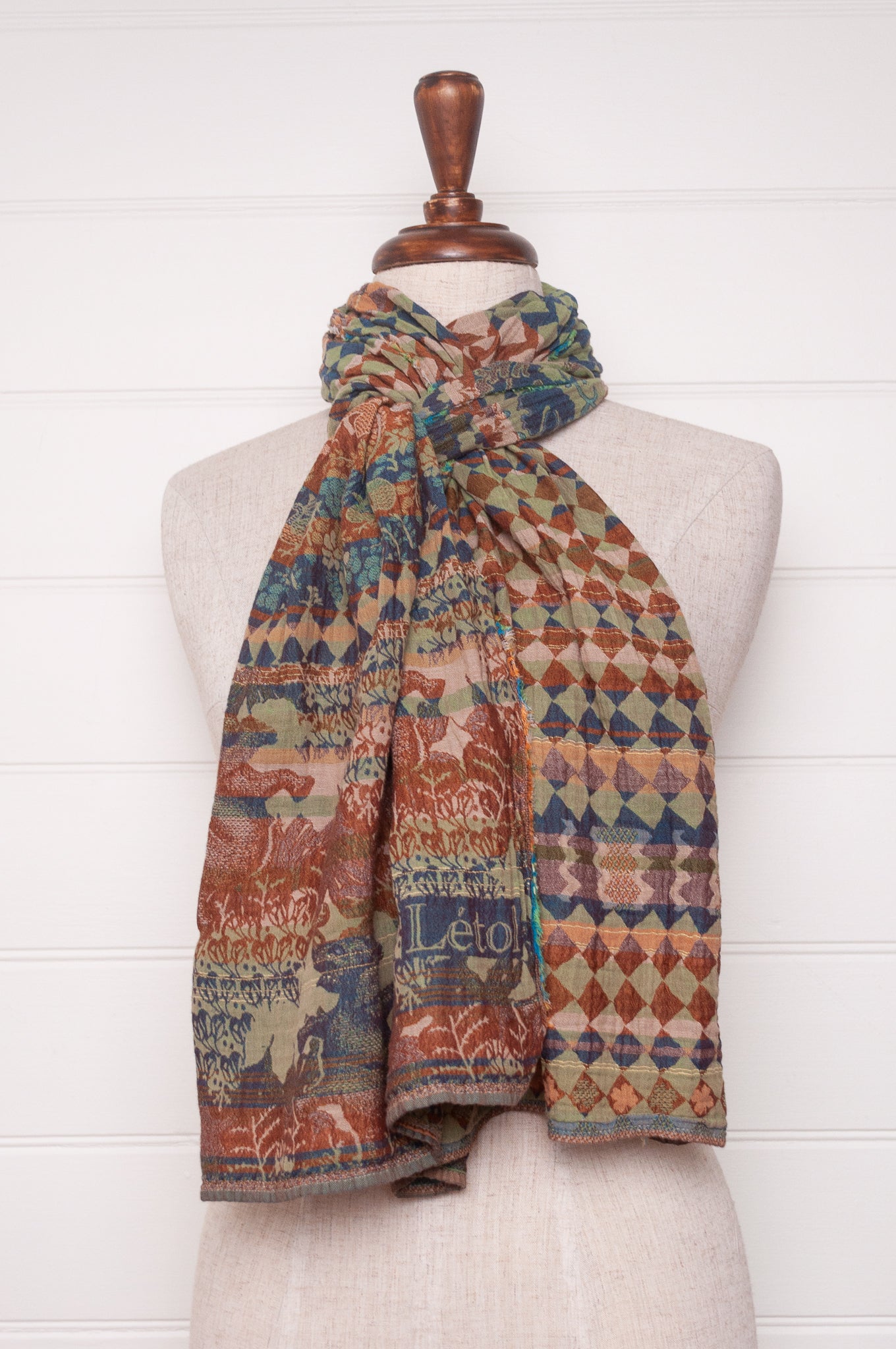 Letol organic cotton jacquard weave scarf Felicien Indian inspired with checks foliage and elephants in pickle green, brown and teal.