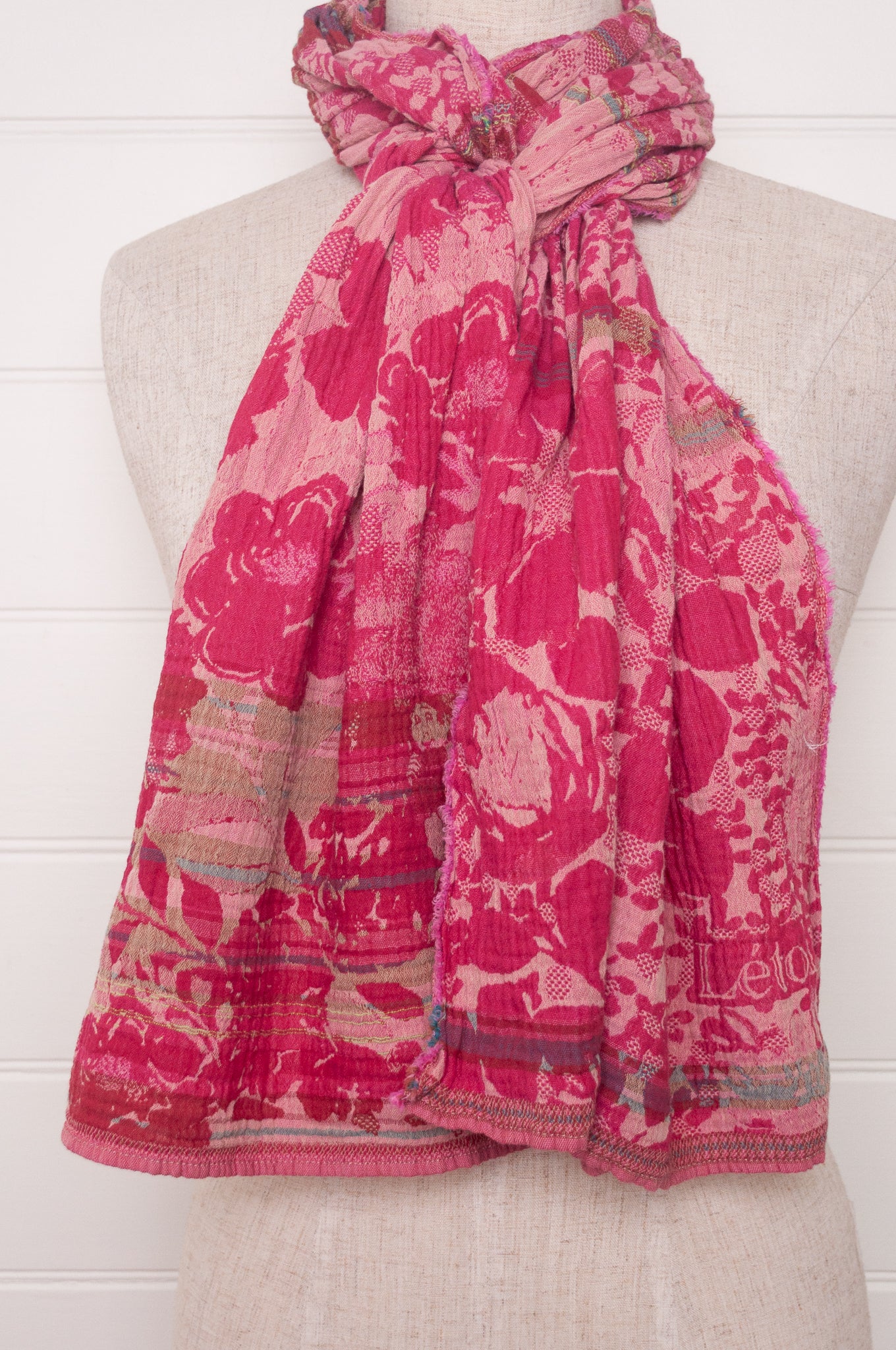 Letol organic cotton floral jacquard scarf Emilienne floral design in rose, shades of pink.
