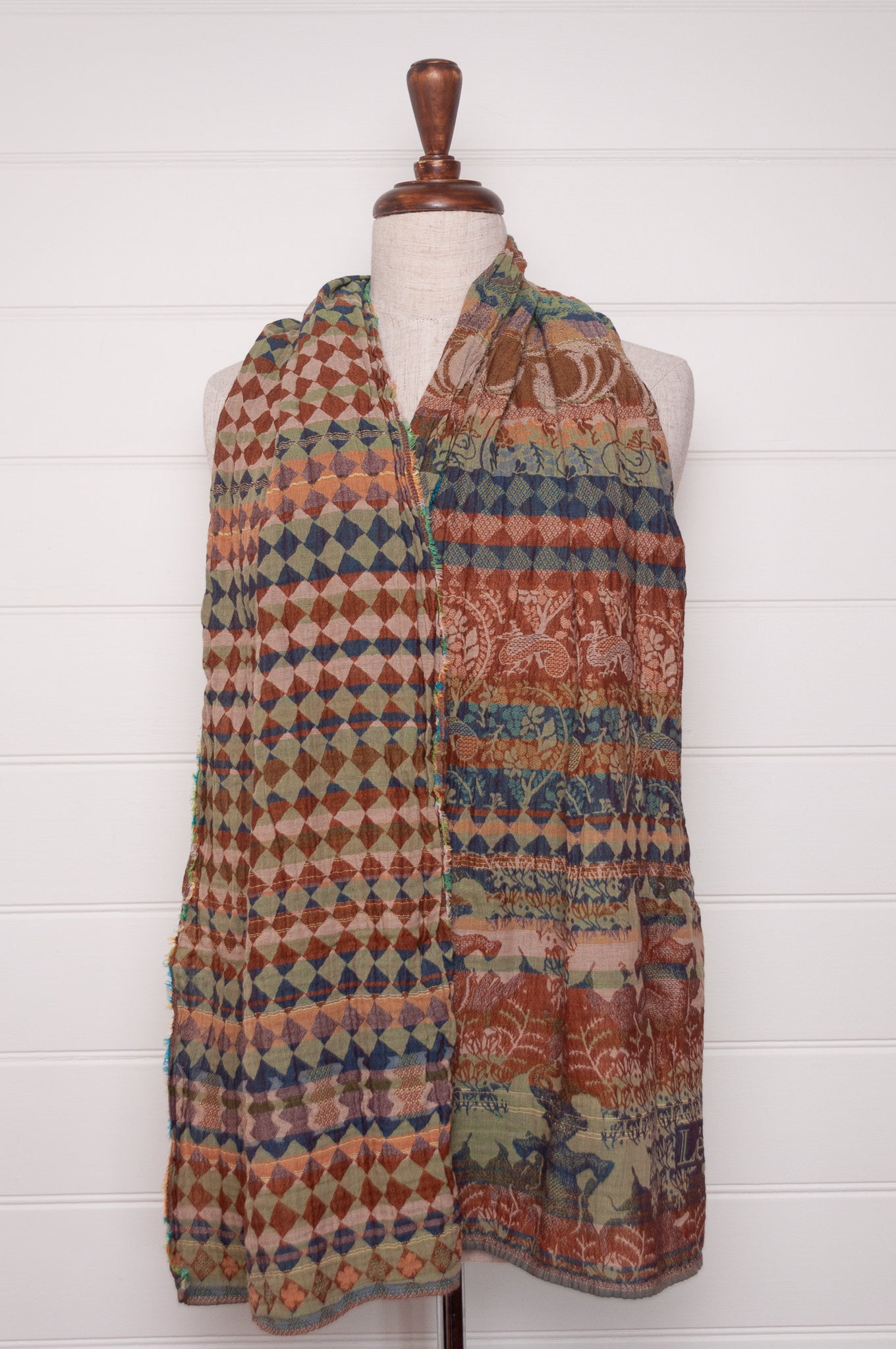 Letol organic cotton jacquard weave scarf Felicien Indian inspired with checks foliage and elephants in pickle green, brown and teal.