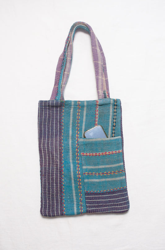 Vintage kantha tote bag - aqua stripe