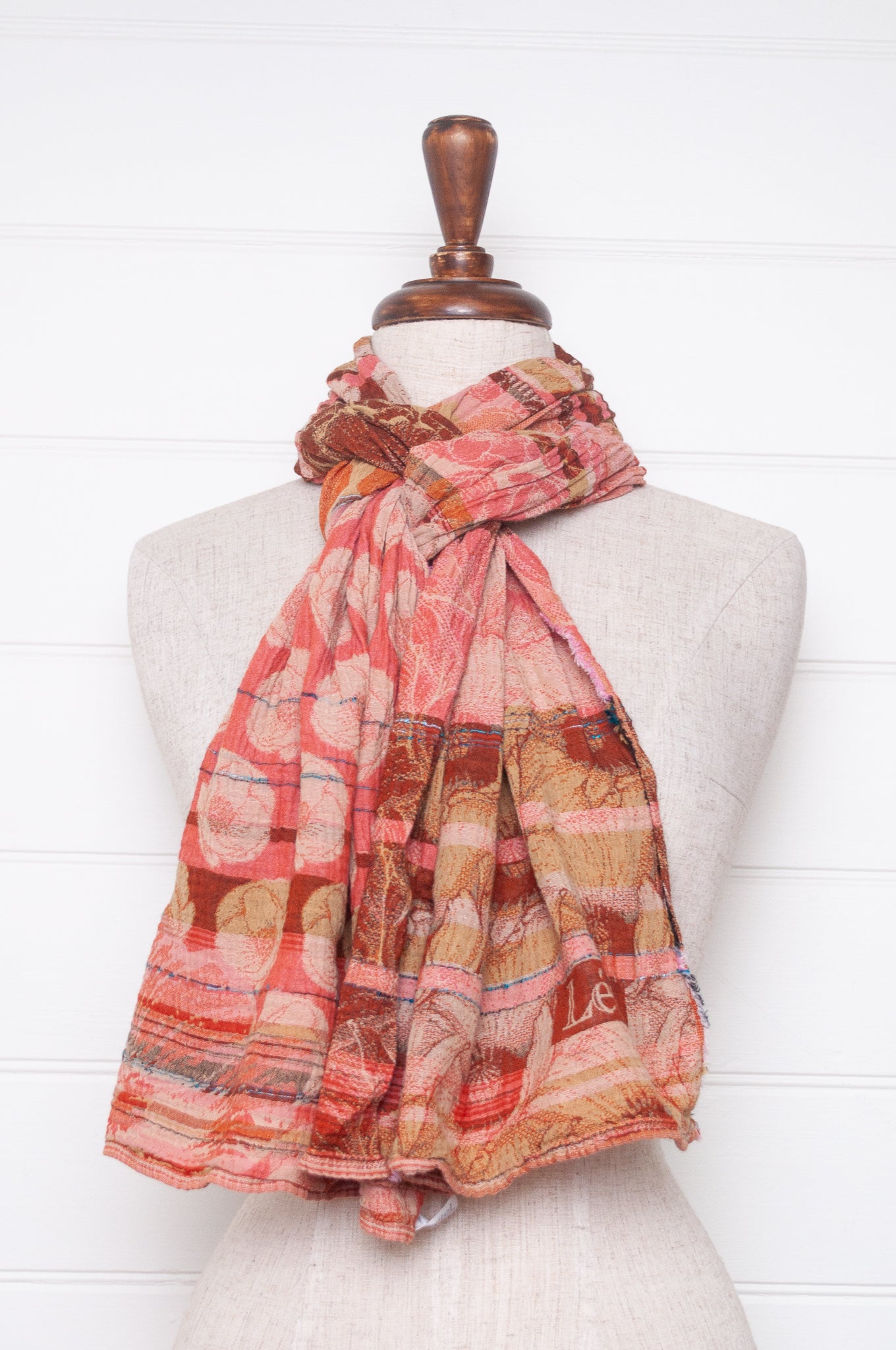 Letol organic cotton jacquard floral scarf Stephanie in Bonne mine pomegranate red and taupe.
