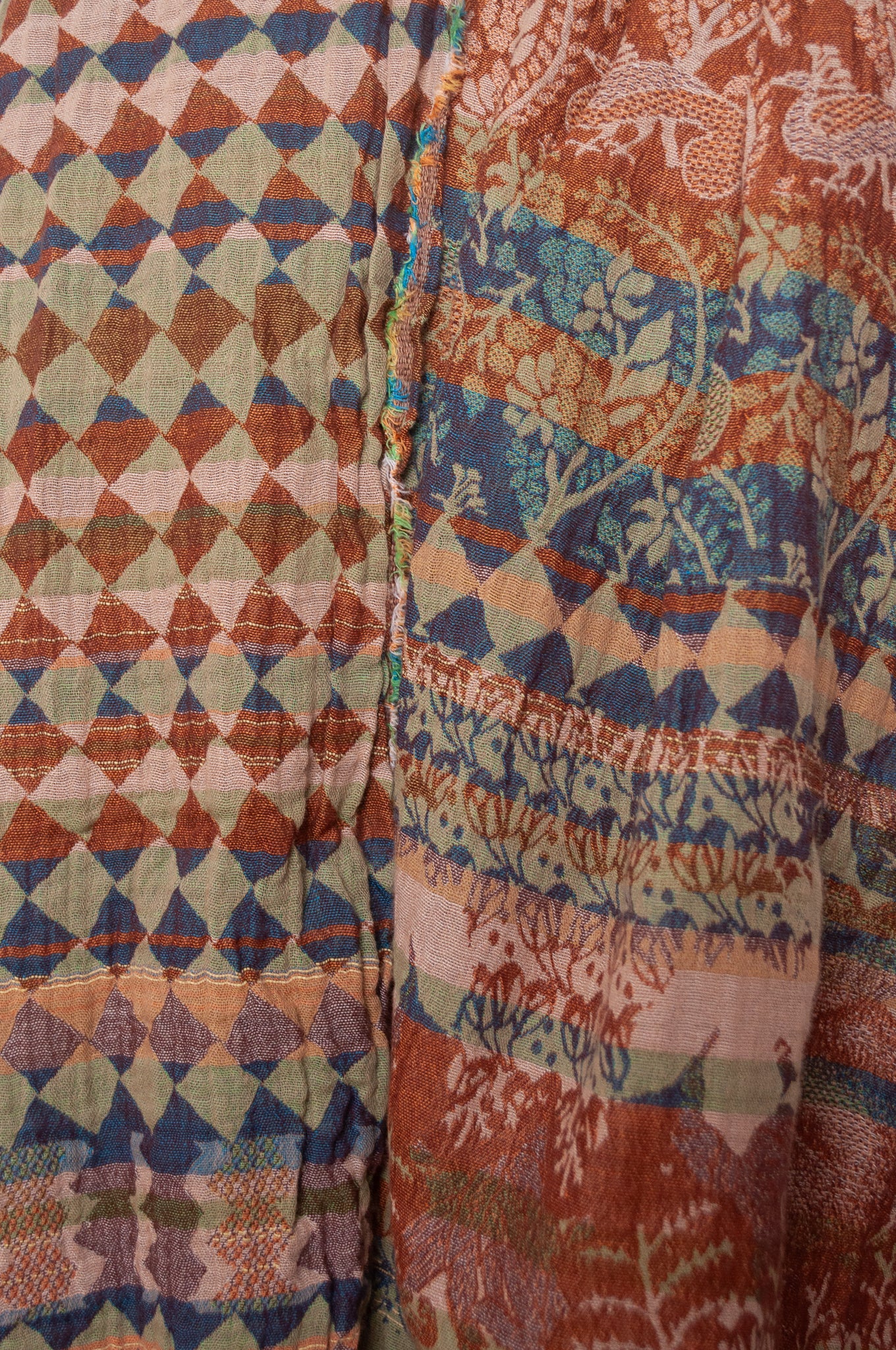 Letol organic cotton jacquard weave scarf Felicien Indian inspired with checks foliage and elephants in pickle green, brown and teal.