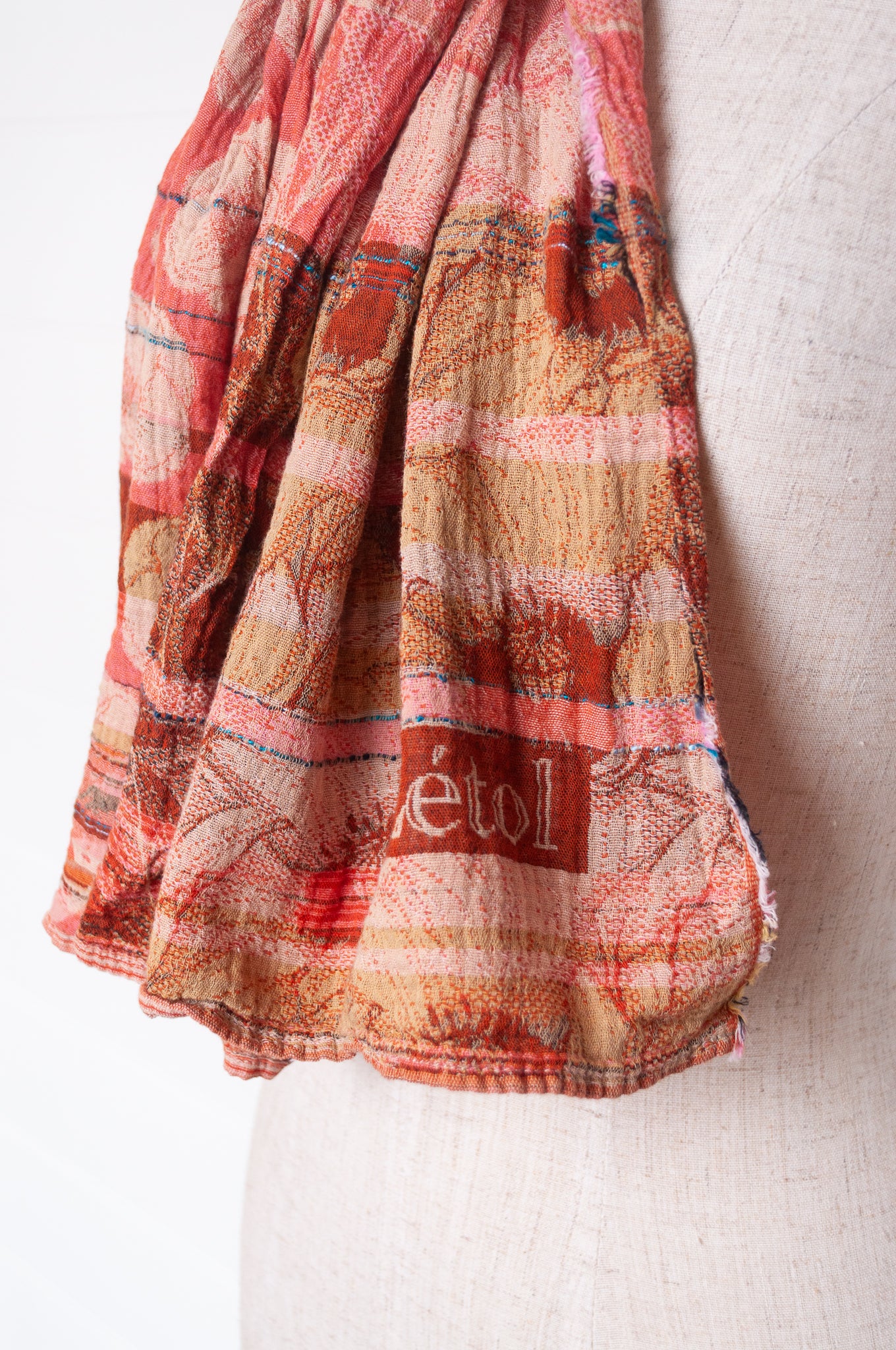 Letol organic cotton jacquard floral scarf Stephanie in Bonne mine pomegranate red and taupe.