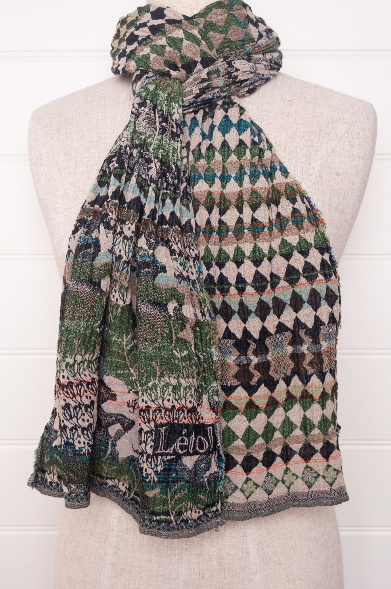 Letol organic cotton jacquard weave scarf in Felicien Indian design with elephants and check in black and green nuit jade.