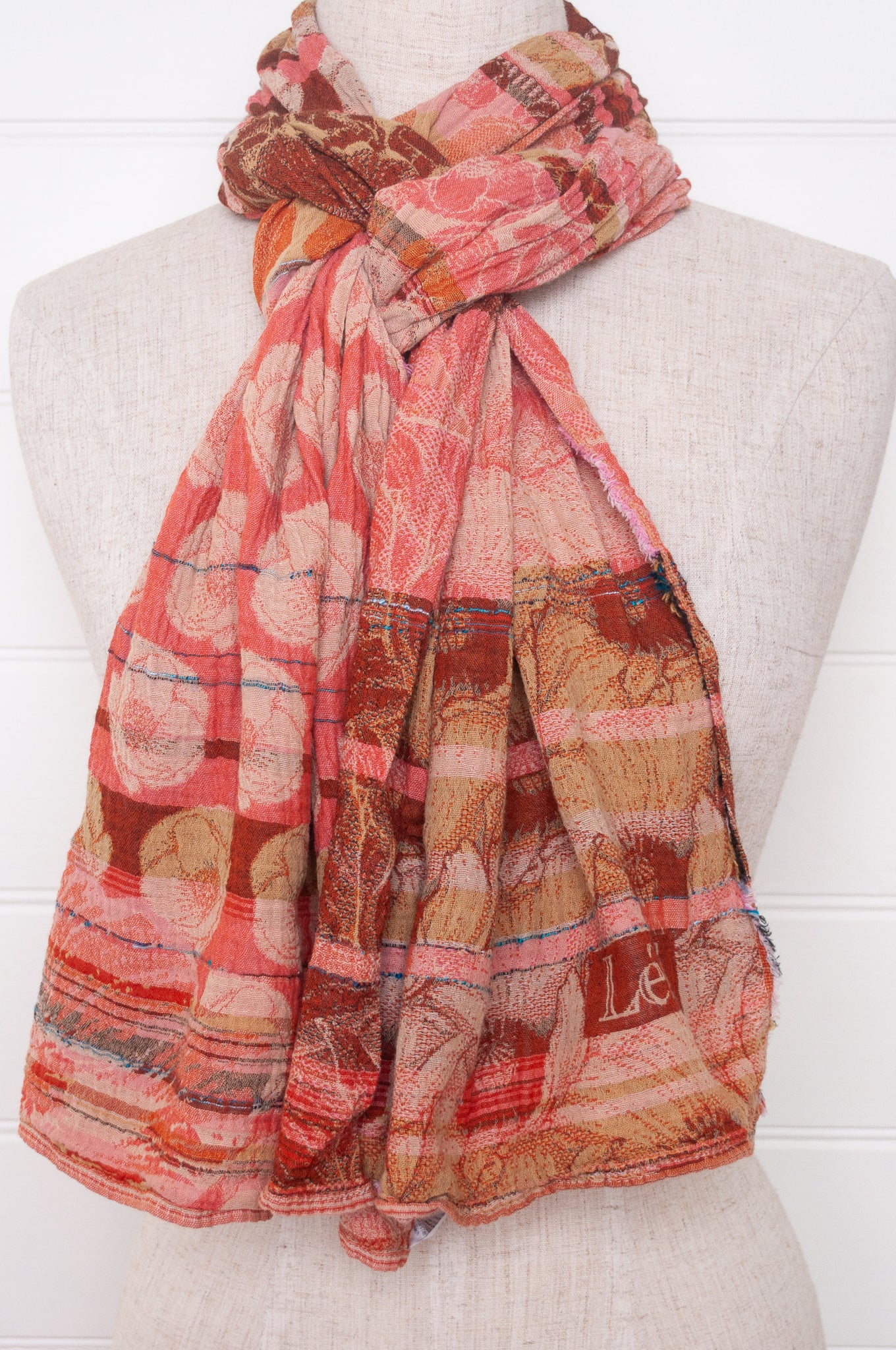 Letol organic cotton jacquard floral scarf Stephanie in Bonne mine pomegranate red and taupe.