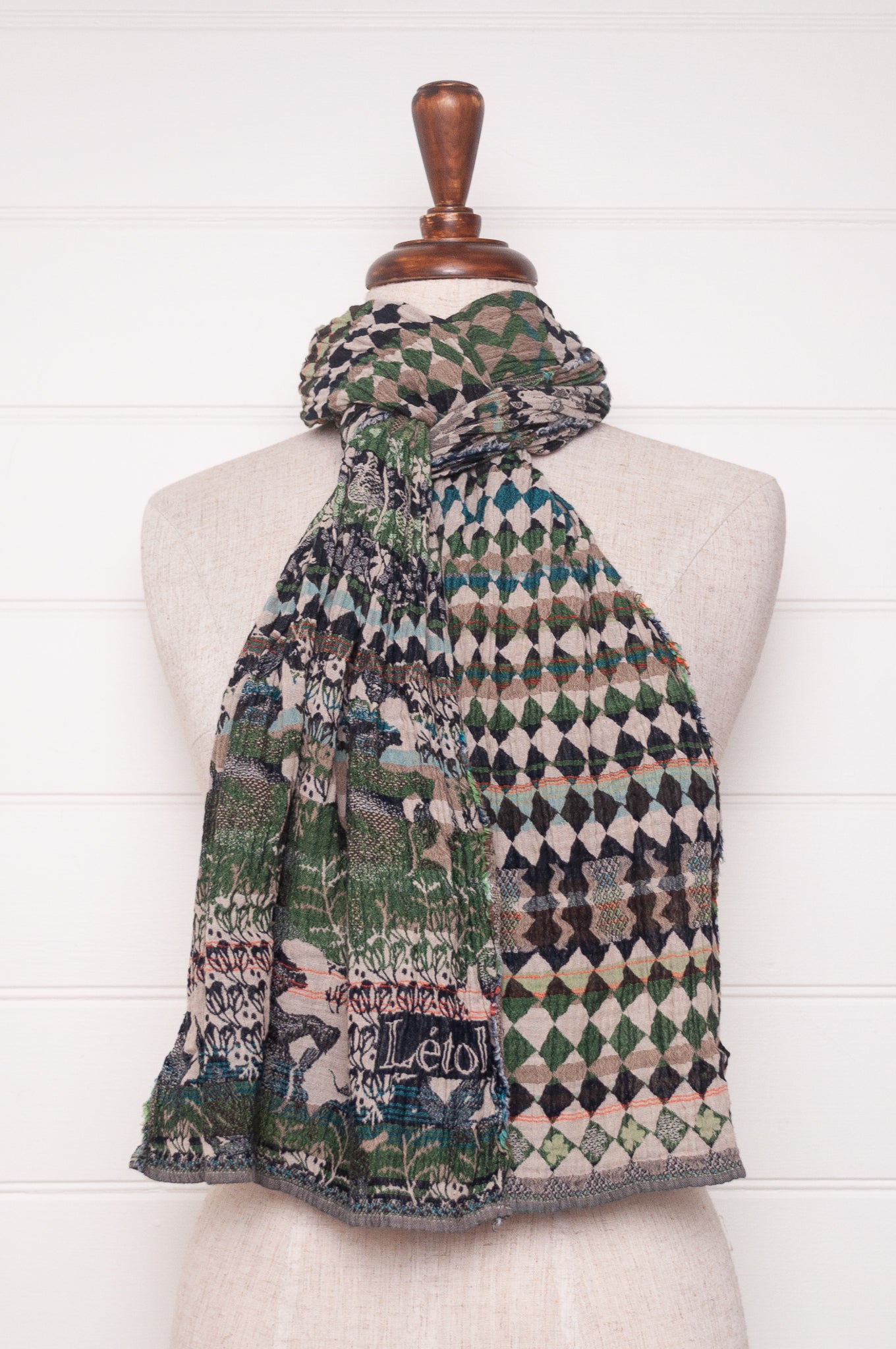 Letol organic cotton jacquard weave scarf in Felicien Indian design with elephants and check in black and green nuit jade.