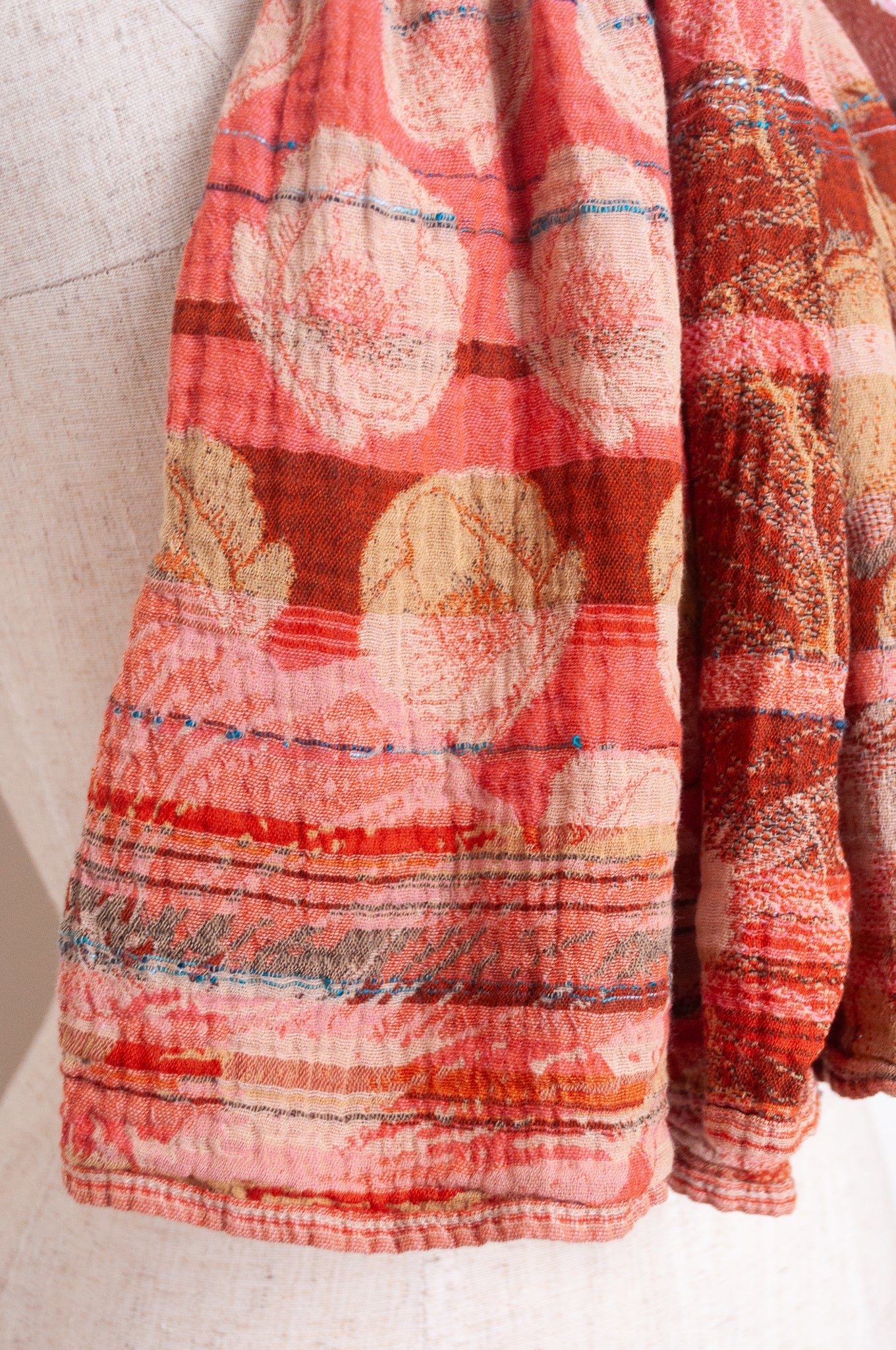 Letol organic cotton jacquard floral scarf Stephanie in Bonne mine pomegranate red and taupe.