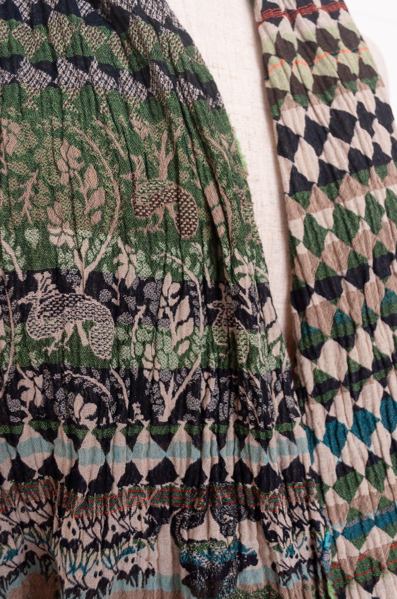 Letol organic cotton jacquard weave scarf in Felicien Indian design with elephants and check in black and green nuit jade.
