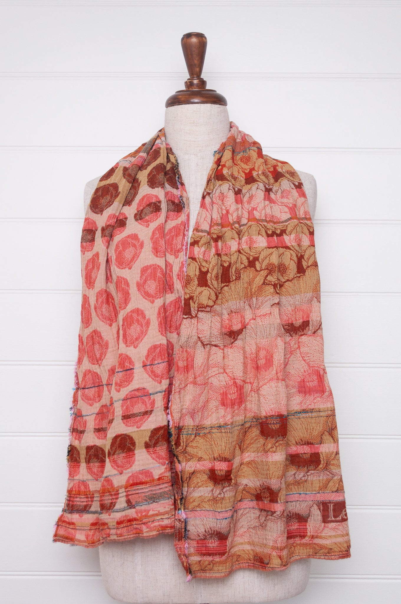 Letol organic cotton jacquard floral scarf Stephanie in Bonne mine pomegranate red and taupe.