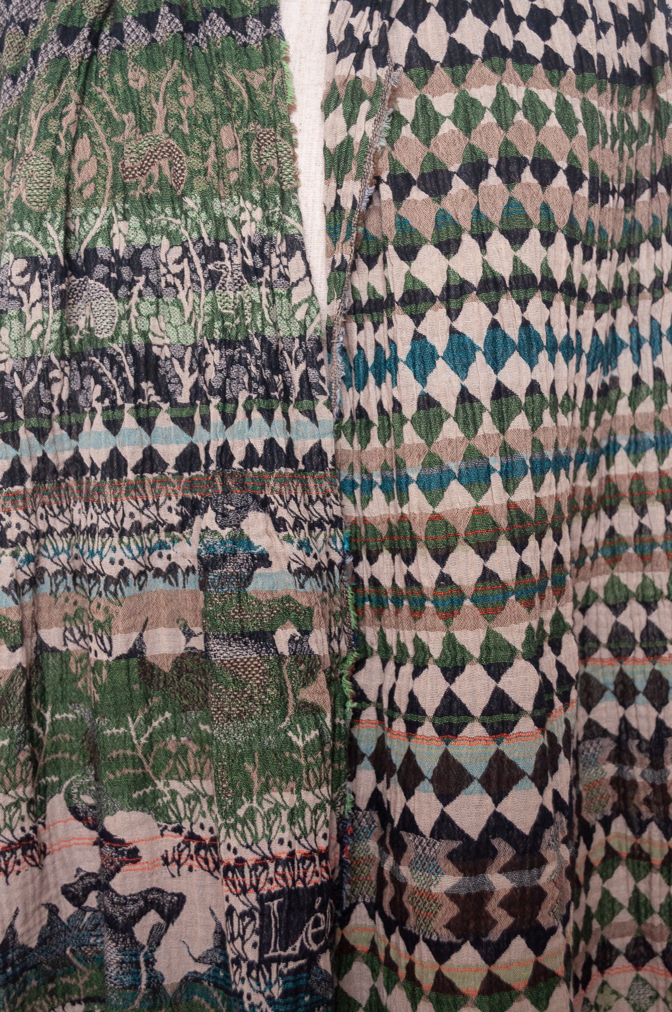 Letol organic cotton jacquard weave scarf in Felicien Indian design with elephants and check in black and green nuit jade.