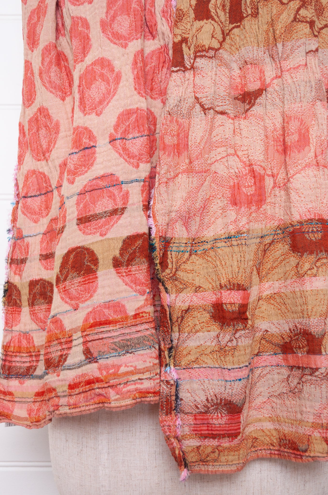Letol organic cotton jacquard floral scarf Stephanie in Bonne mine pomegranate red and taupe.