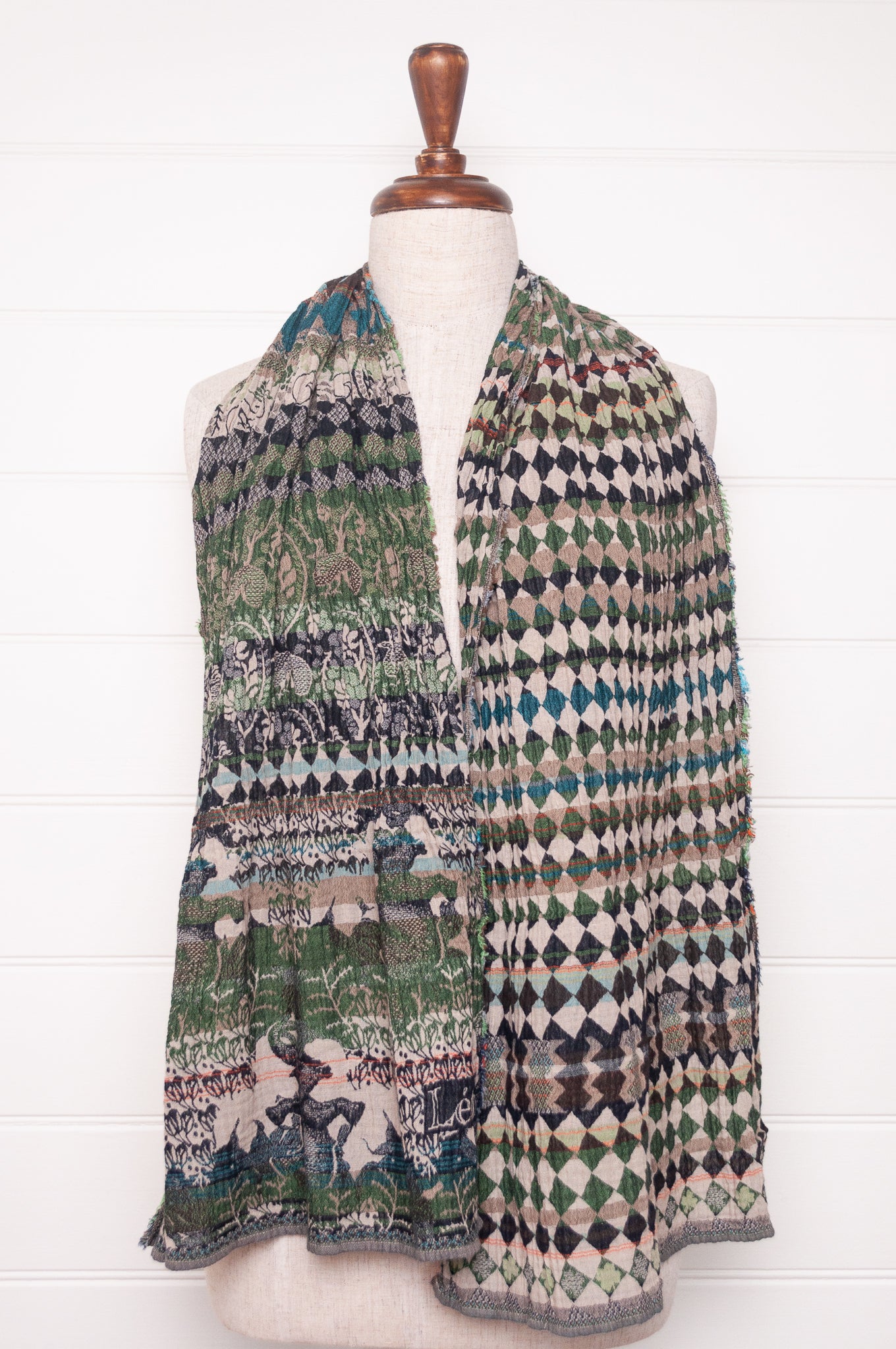 Letol organic cotton jacquard weave scarf in Felicien Indian design with elephants and check in black and green nuit jade.