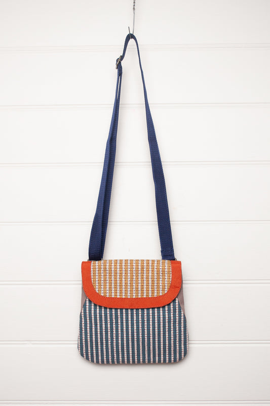 Anna Kaszer cotton canvas Samara  crossbody bag in blue and mustard.