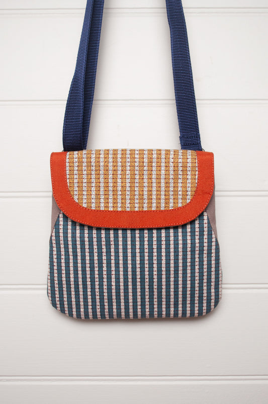 Anna Kaszer cotton canvas Samara  crossbody bag in blue and mustard.