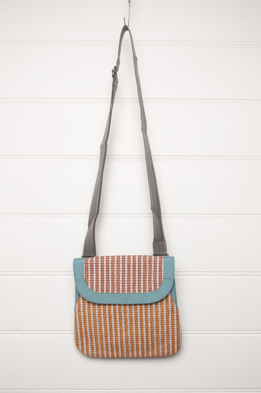Anna Kaszer cotton canvas Samara  crossbody bag in blue and mustard.
