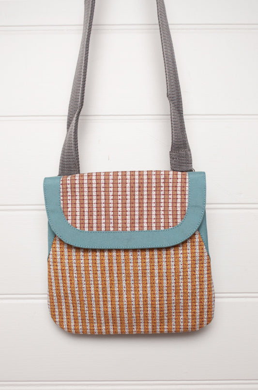 Anna Kaszer cotton canvas Samara  crossbody bag in blue and mustard.