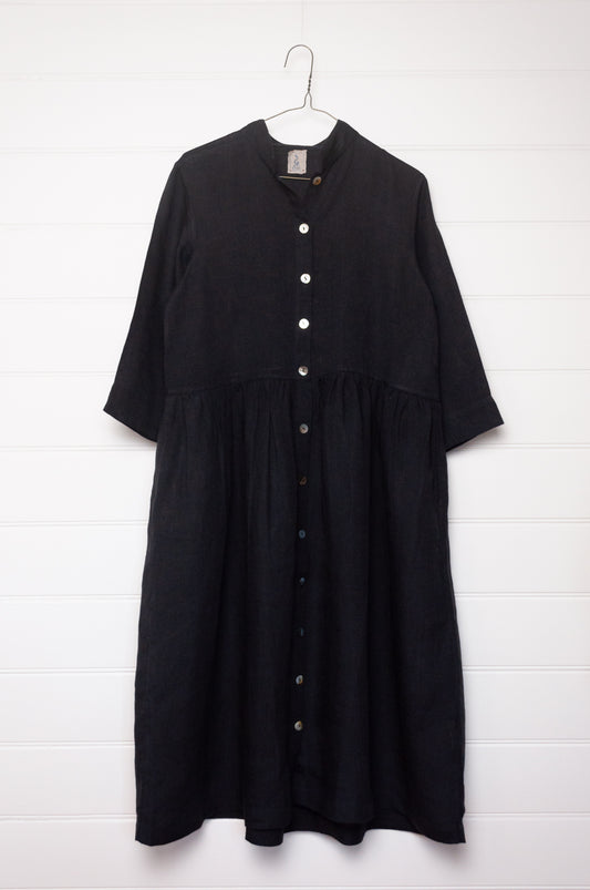 Dve button up Tara shirt dress in black linen.