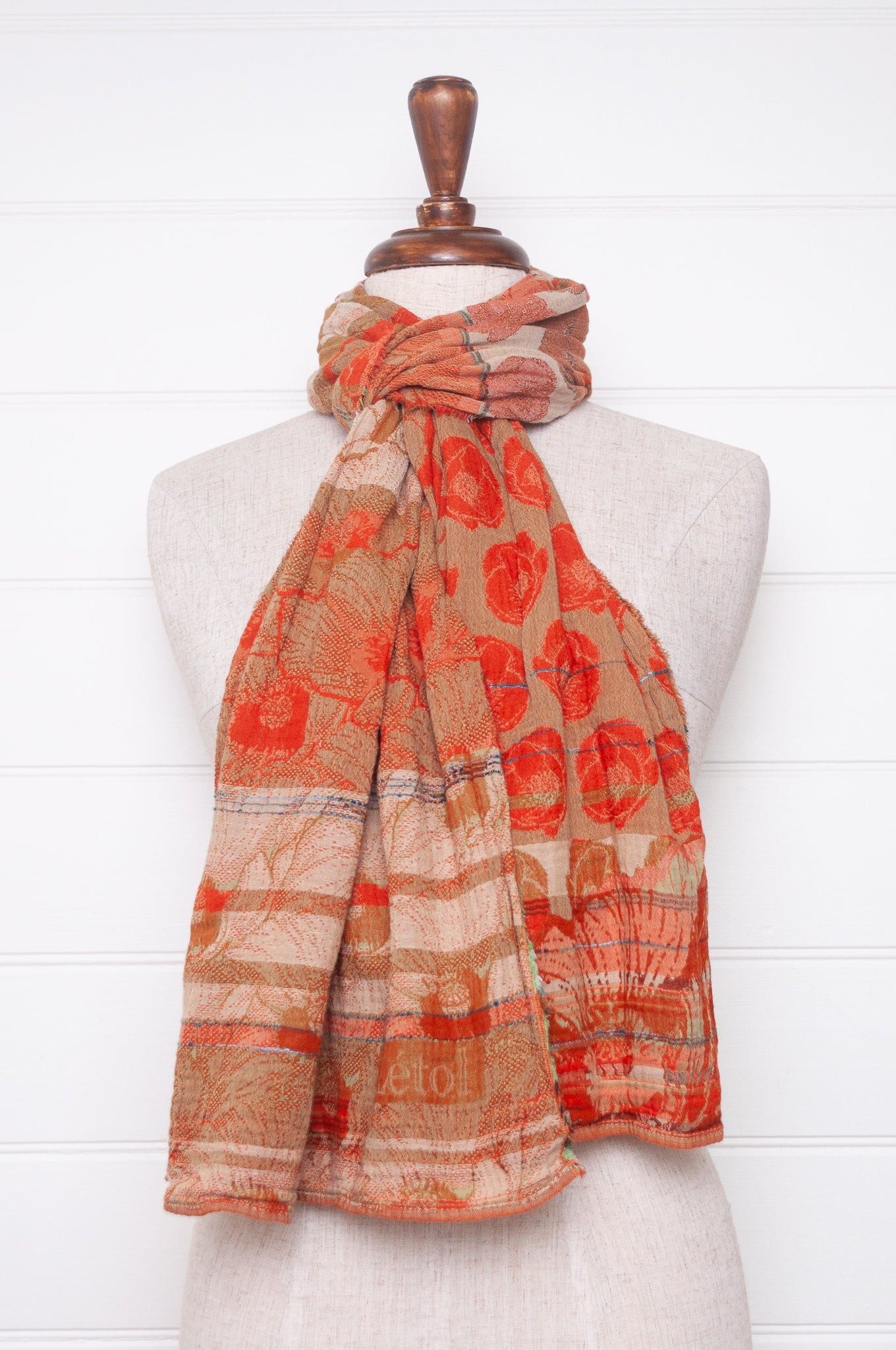 Letol organic cotton jacquard floral scarf Stephanie in Carrot cake orange and taupe.