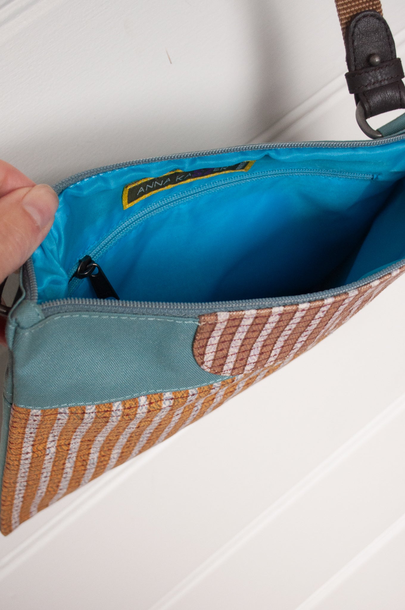 Anna Kaszer cotton canvas Rola mini crossbody bag in mustard and aqua.