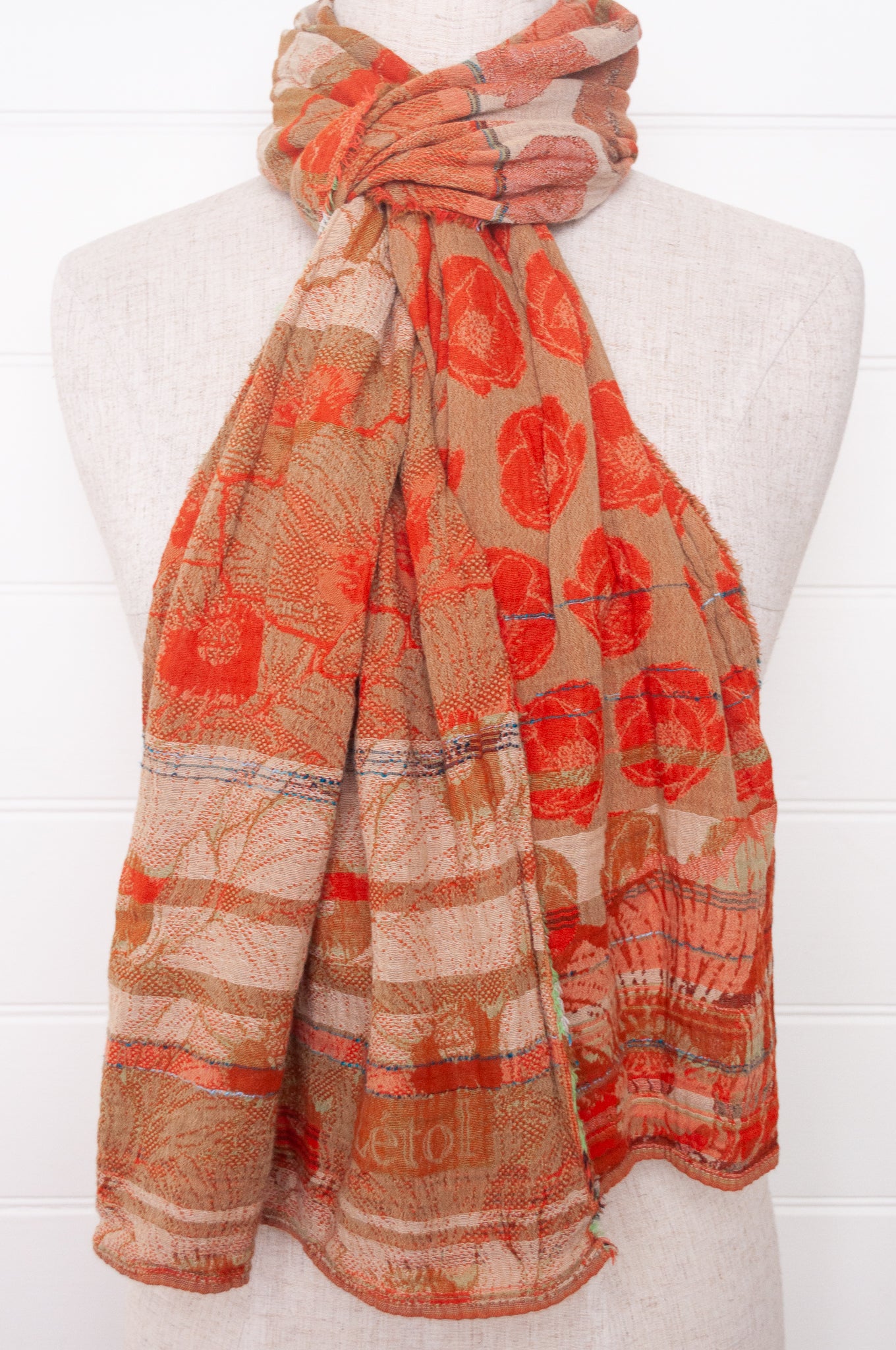 Letol organic cotton jacquard floral scarf Stephanie in Carrot cake orange and taupe.