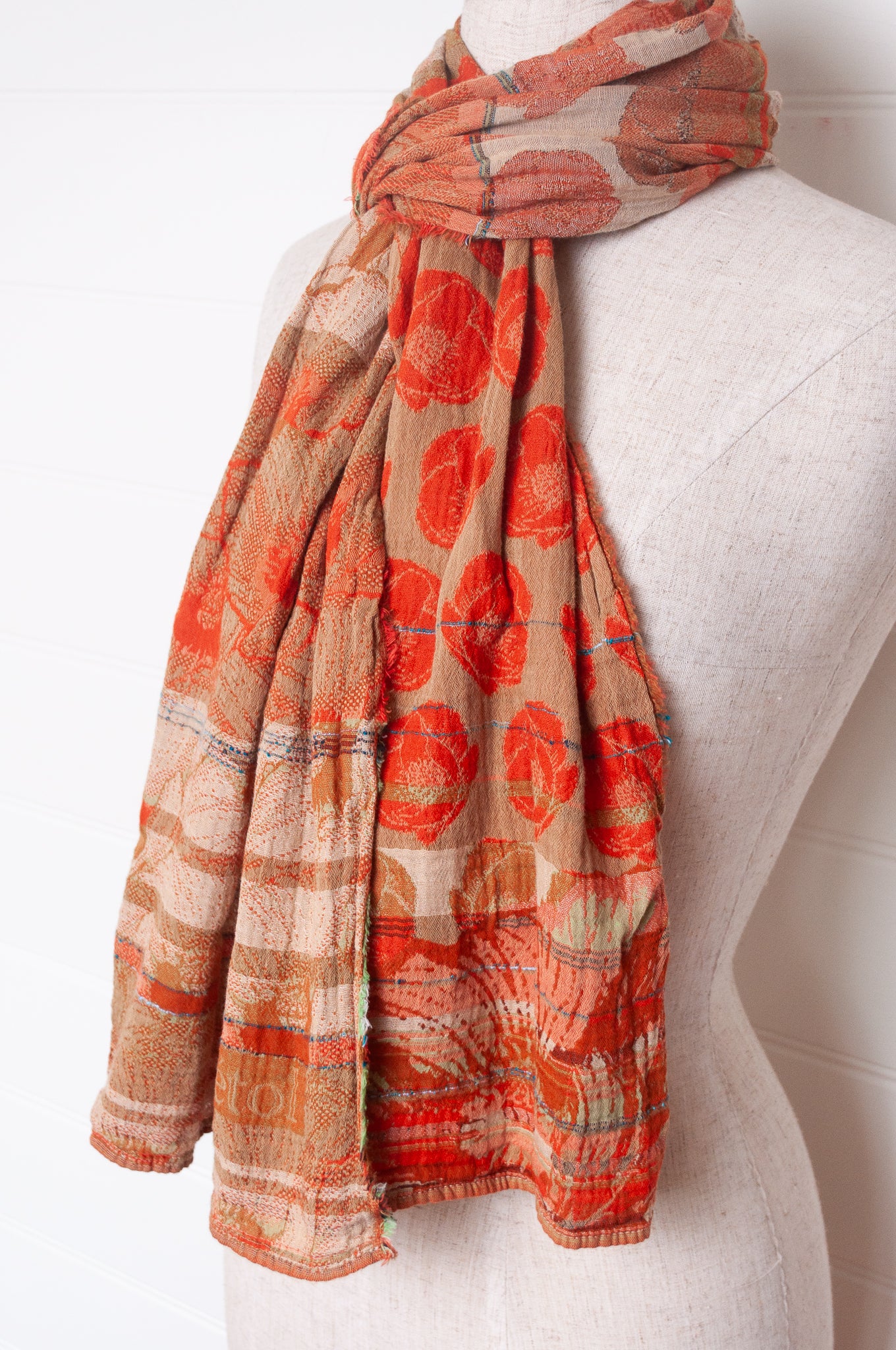 Letol organic cotton jacquard floral scarf Stephanie in Carrot cake orange and taupe.