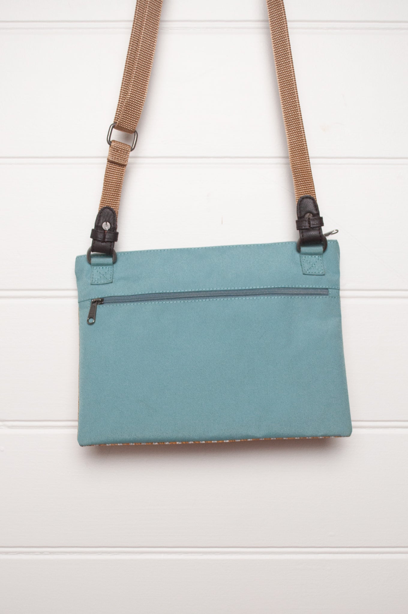 Anna Kaszer cotton canvas Rola mini crossbody bag in mustard and aqua.