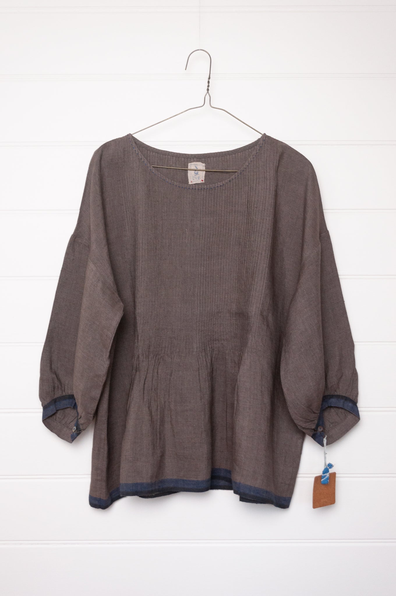 Dve one size pintucked linen Anisha top in storm grey.