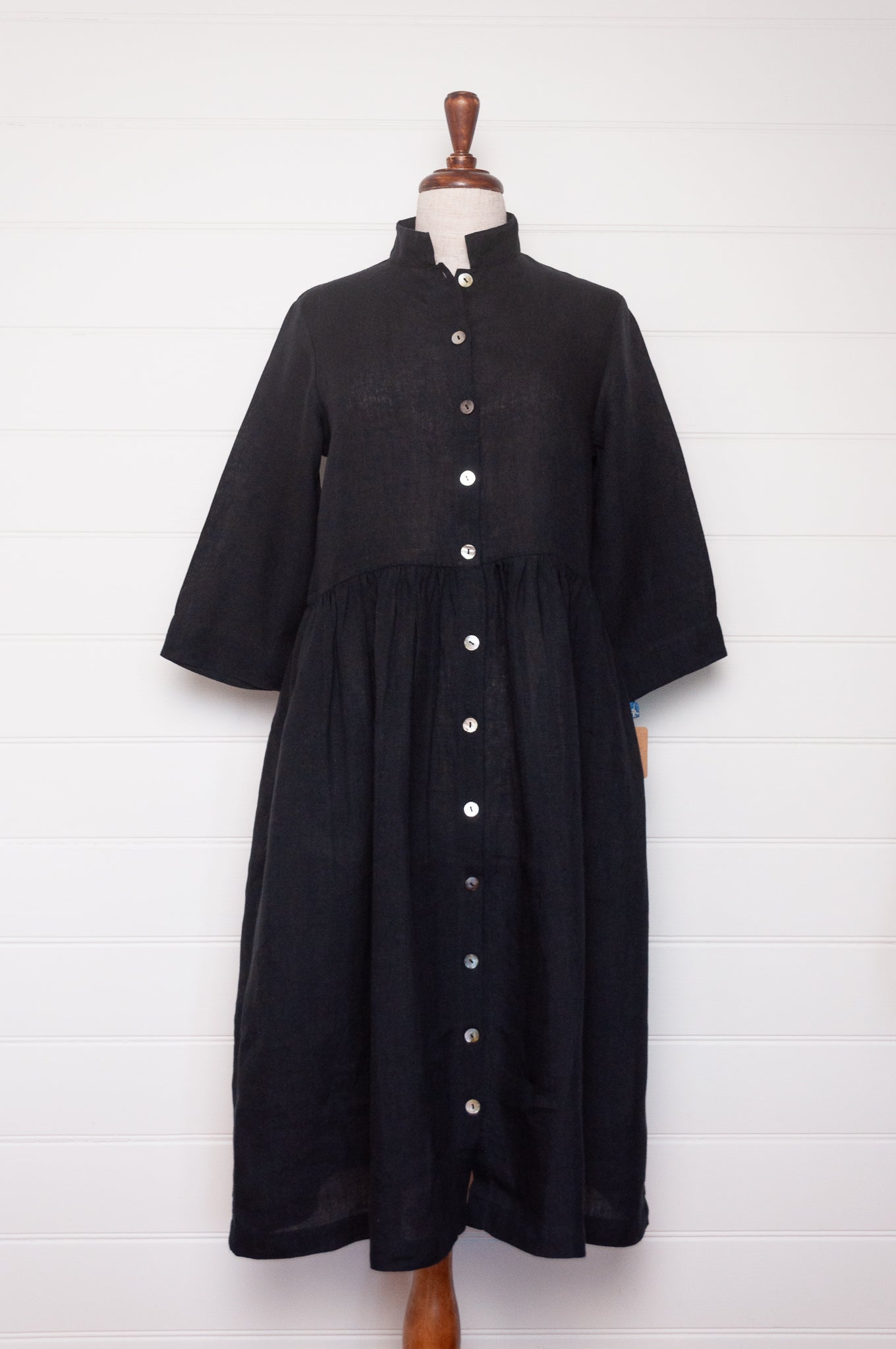 Dve button up Tara shirt dress in black linen.
