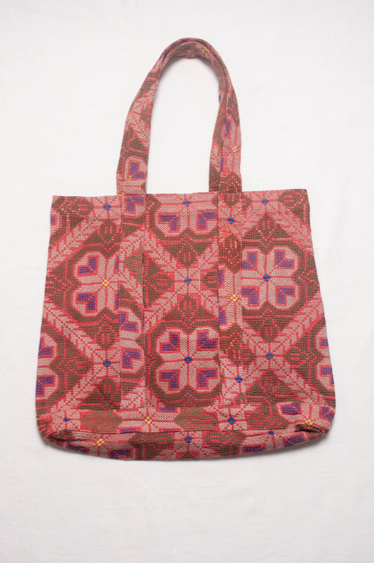 Vintage kantha quilt market tote bag, cross stitch embroidered.