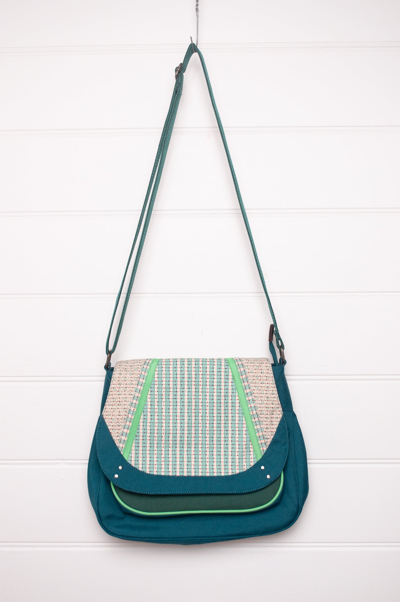 Anna Kaszer cotton canvas Ionza handbag in teal and aqua.