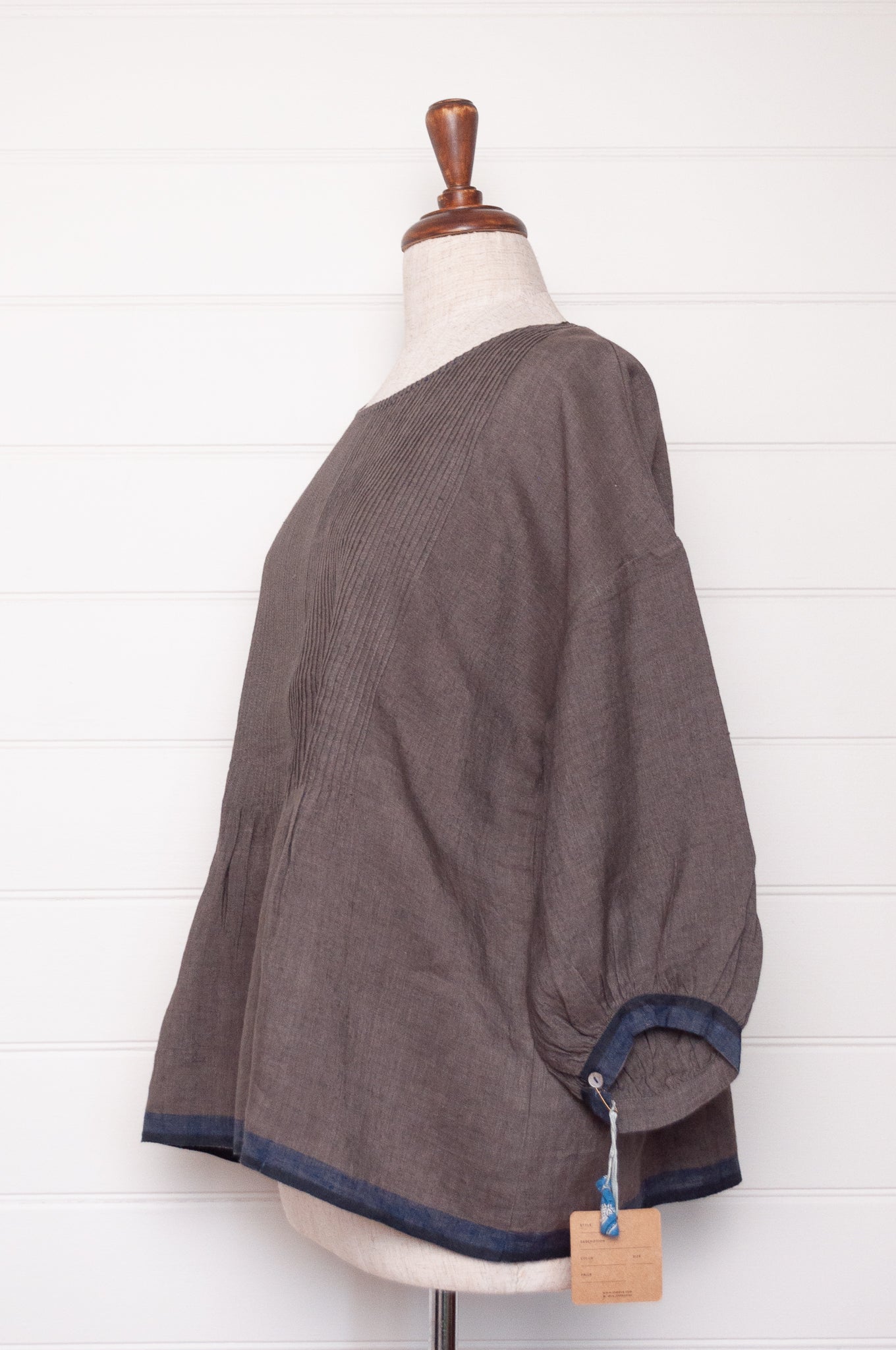 Dve one size pintucked linen Anisha top in storm grey.